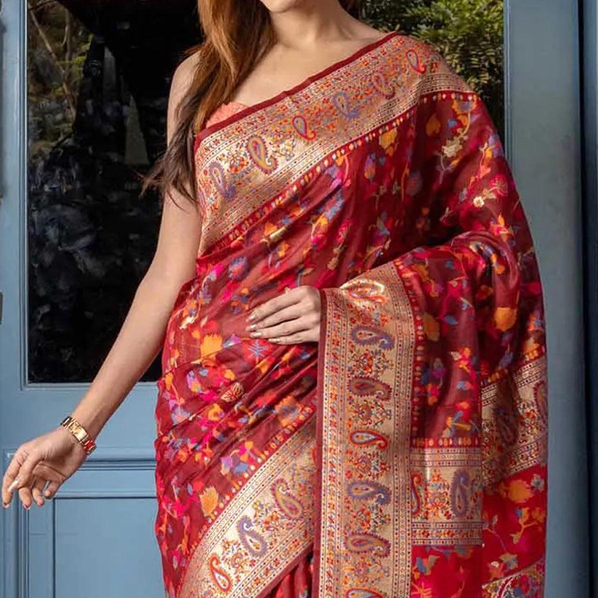 Red Printed Cotton Silk Saree - Peachmode