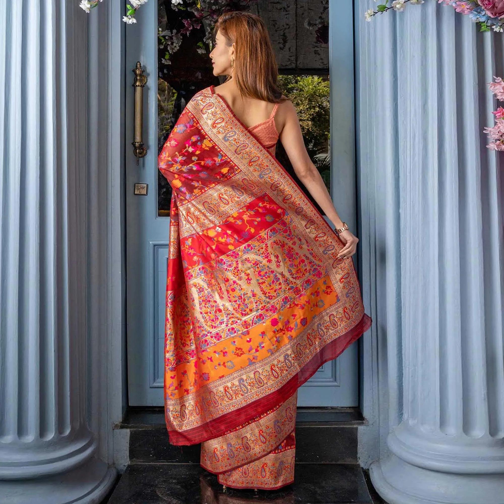Red Printed Cotton Silk Saree - Peachmode