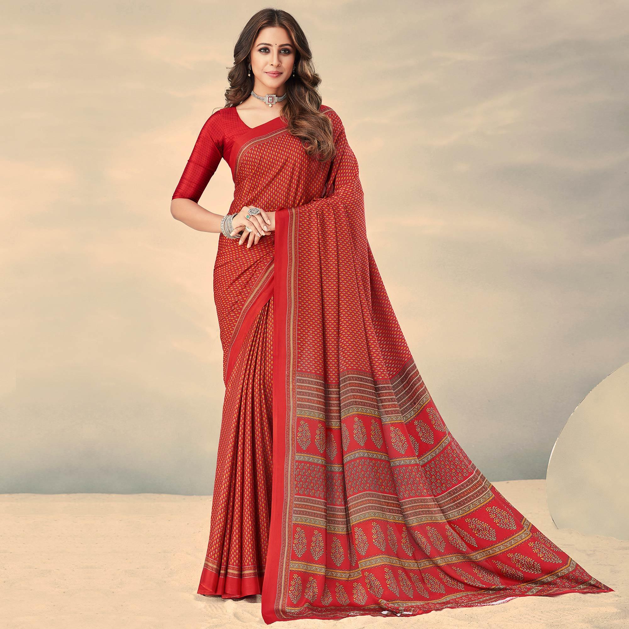 Red Printed Crepe Saree - Peachmode