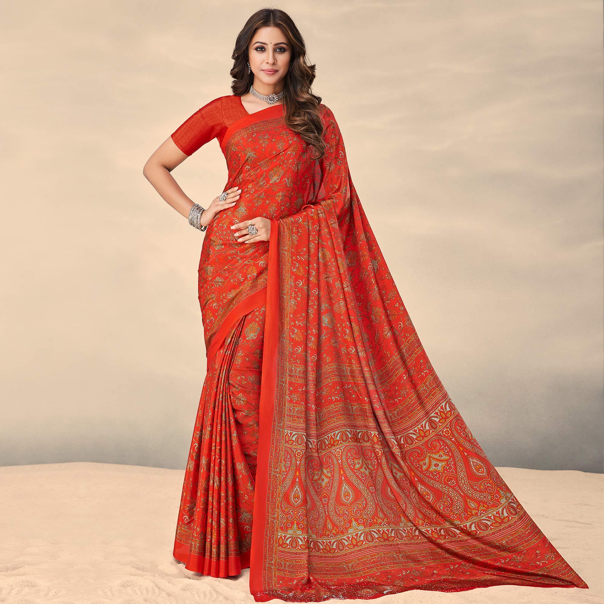 Red Printed Crepe Saree - Peachmode