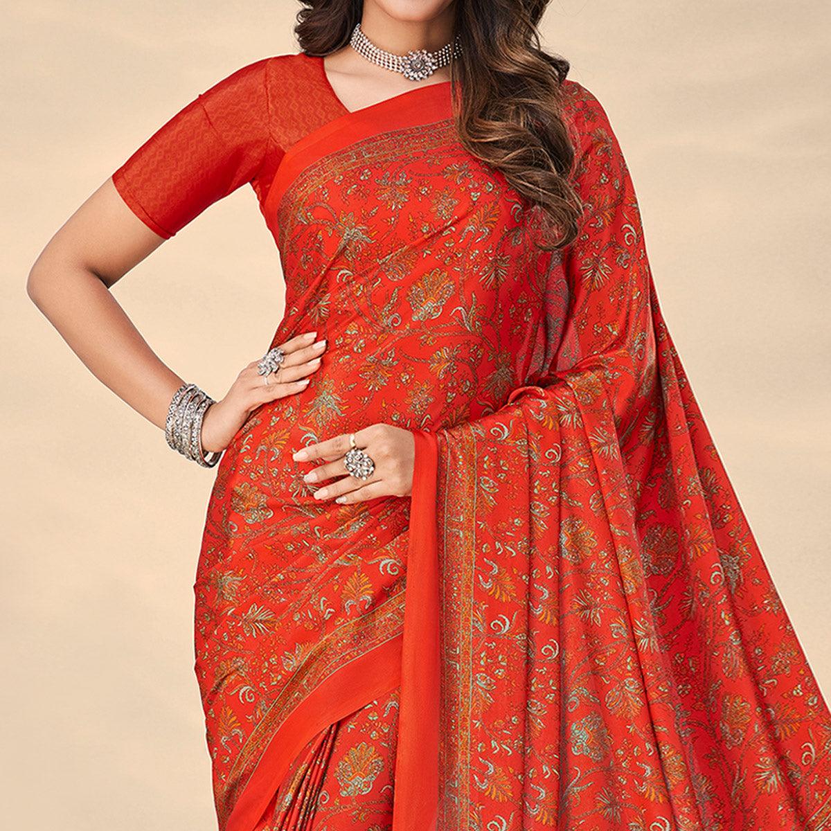 Red Printed Crepe Saree - Peachmode