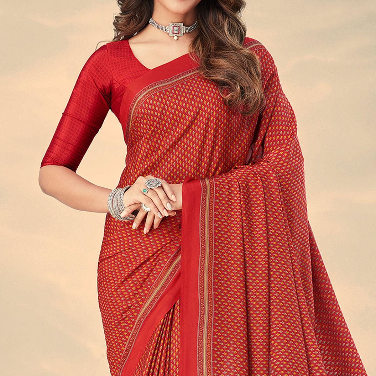 Red Printed Crepe Saree - Peachmode