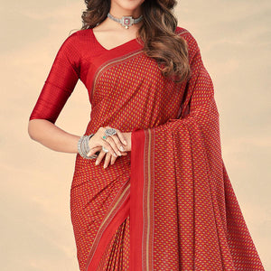 Red Printed Crepe Saree - Peachmode