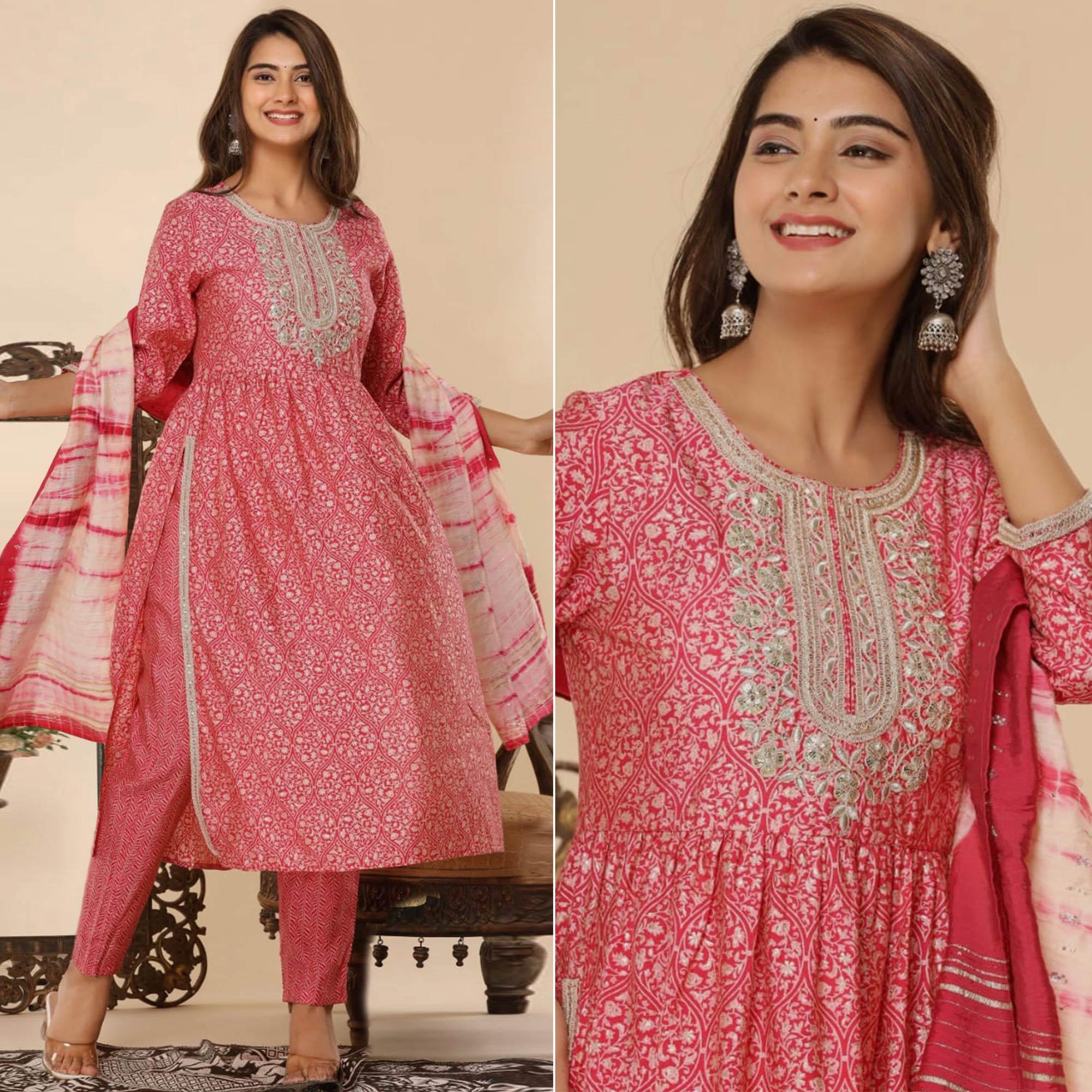 Red Printed-Embroidered Muslin Kurti Pant Set With Dupatta - Peachmode