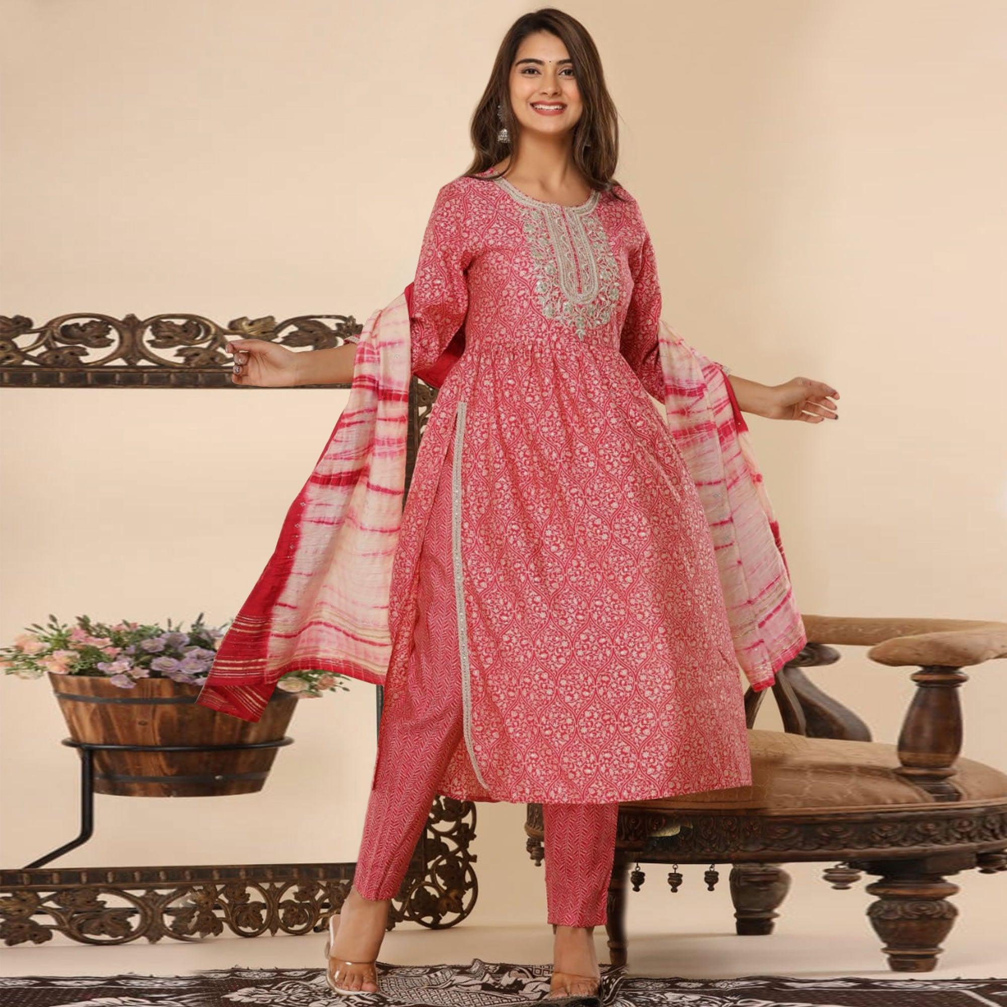 Red Printed-Embroidered Muslin Kurti Pant Set With Dupatta - Peachmode