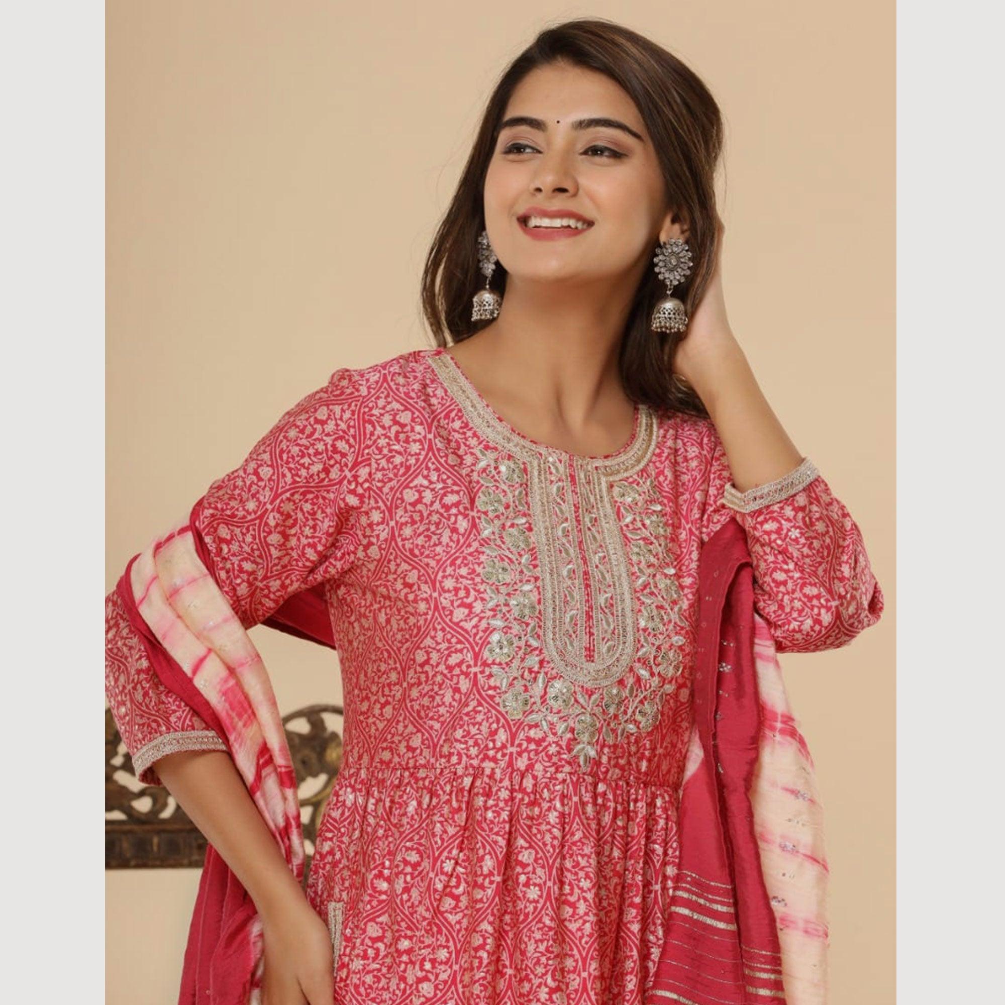 Red Printed-Embroidered Muslin Kurti Pant Set With Dupatta - Peachmode