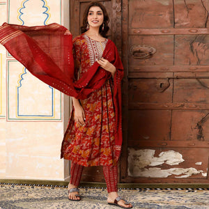 Red Printed-Embroidered Rayon Salwar Suit - Peachmode