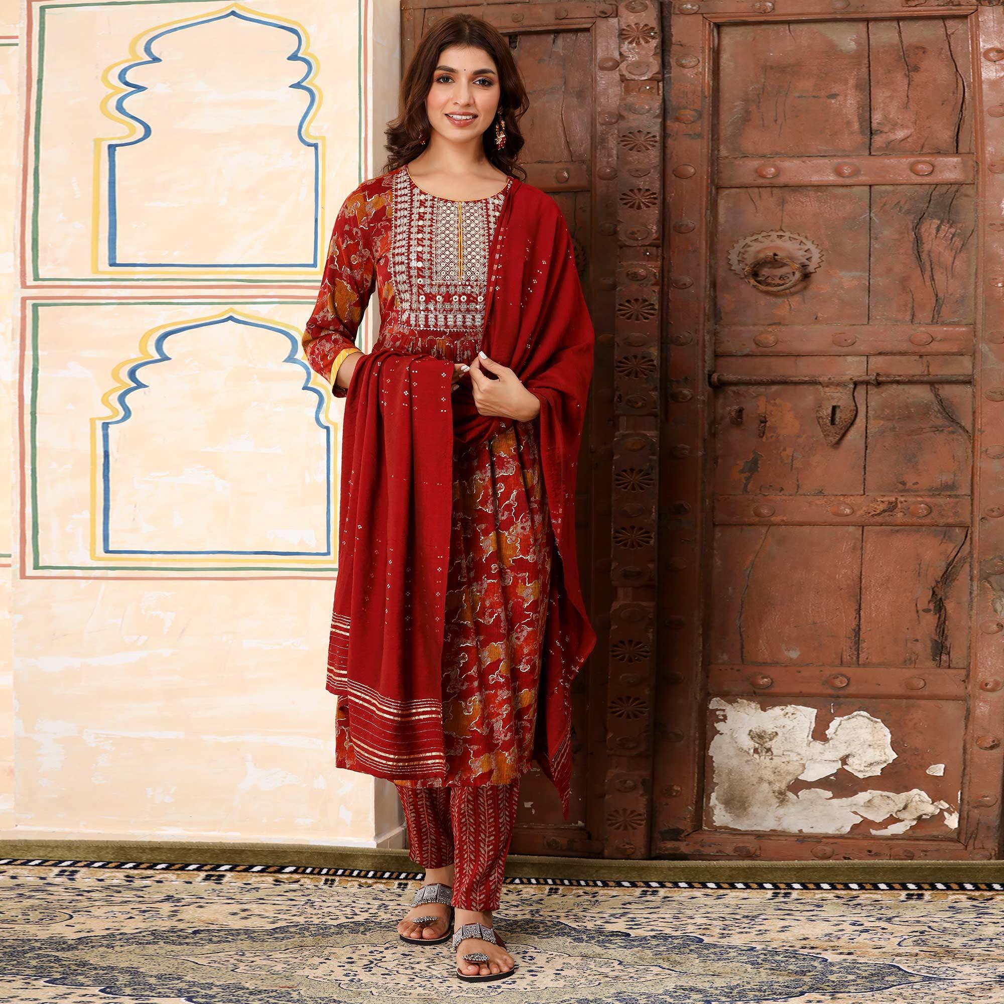 Red Printed-Embroidered Rayon Salwar Suit - Peachmode