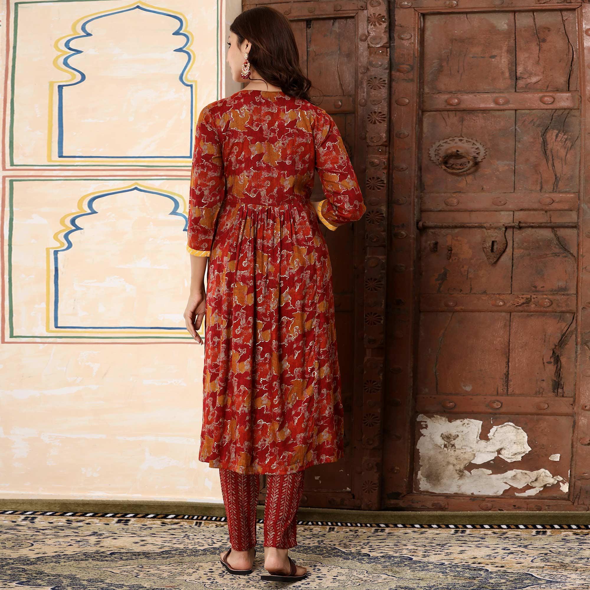Red Printed-Embroidered Rayon Salwar Suit - Peachmode