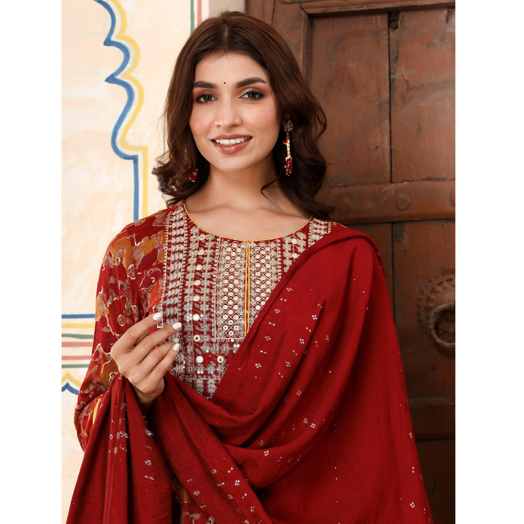 Red Printed-Embroidered Rayon Salwar Suit - Peachmode
