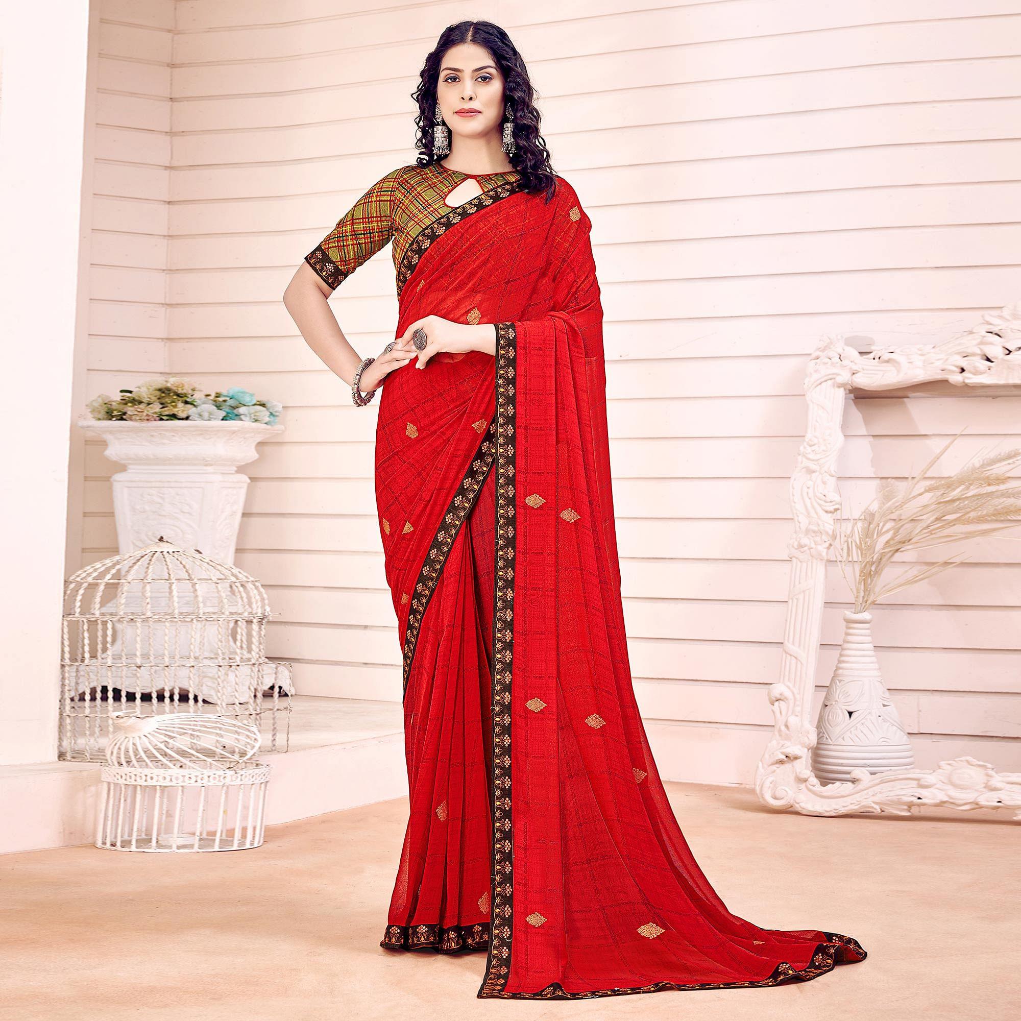 Red Printed Georgette Saree - Peachmode