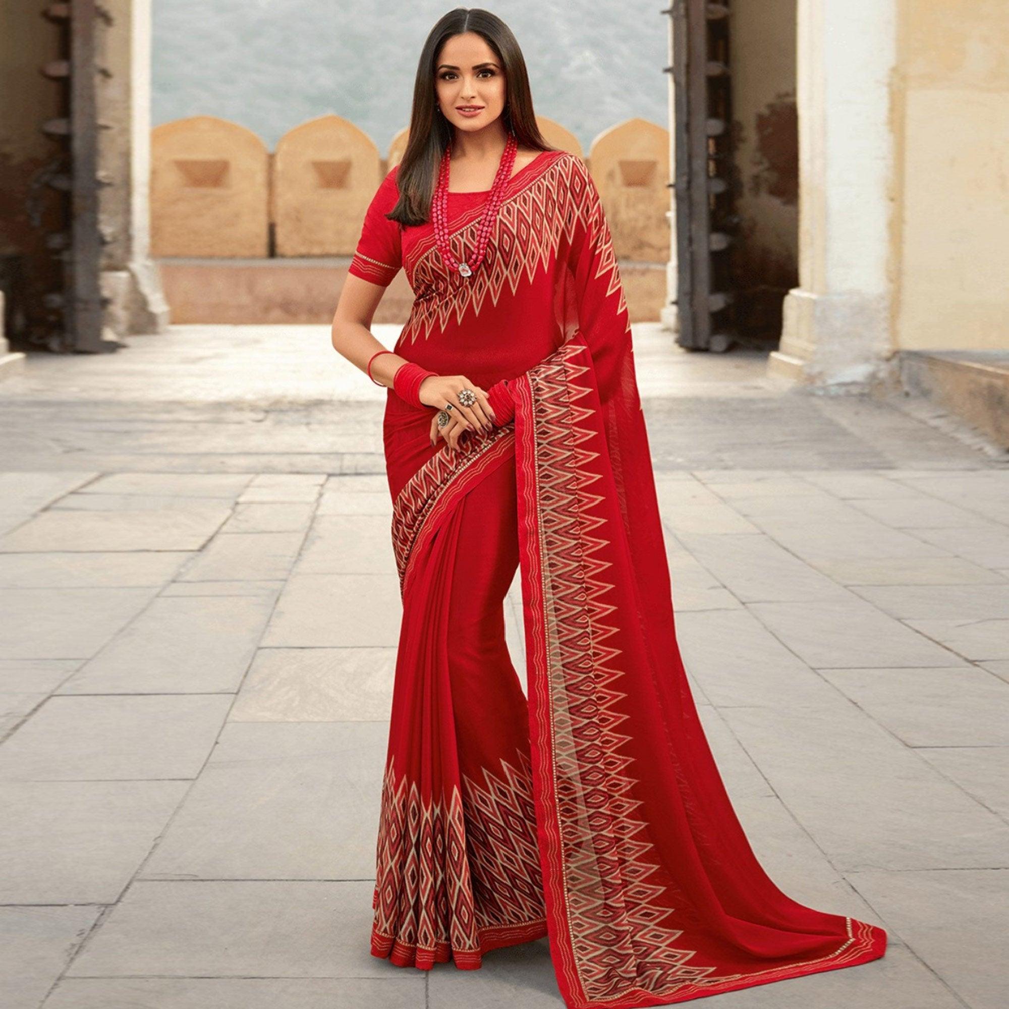 Red Printed Georgette Saree - Peachmode