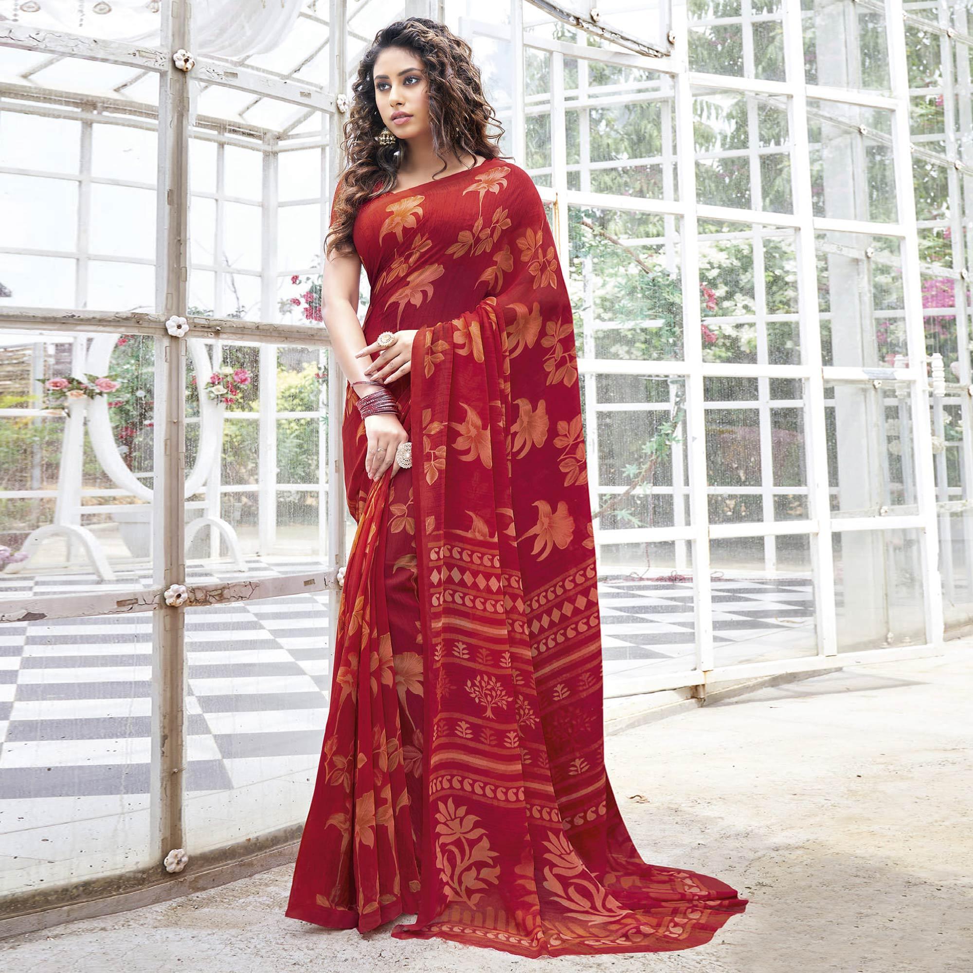 Red Printed Georgette Saree - Peachmode