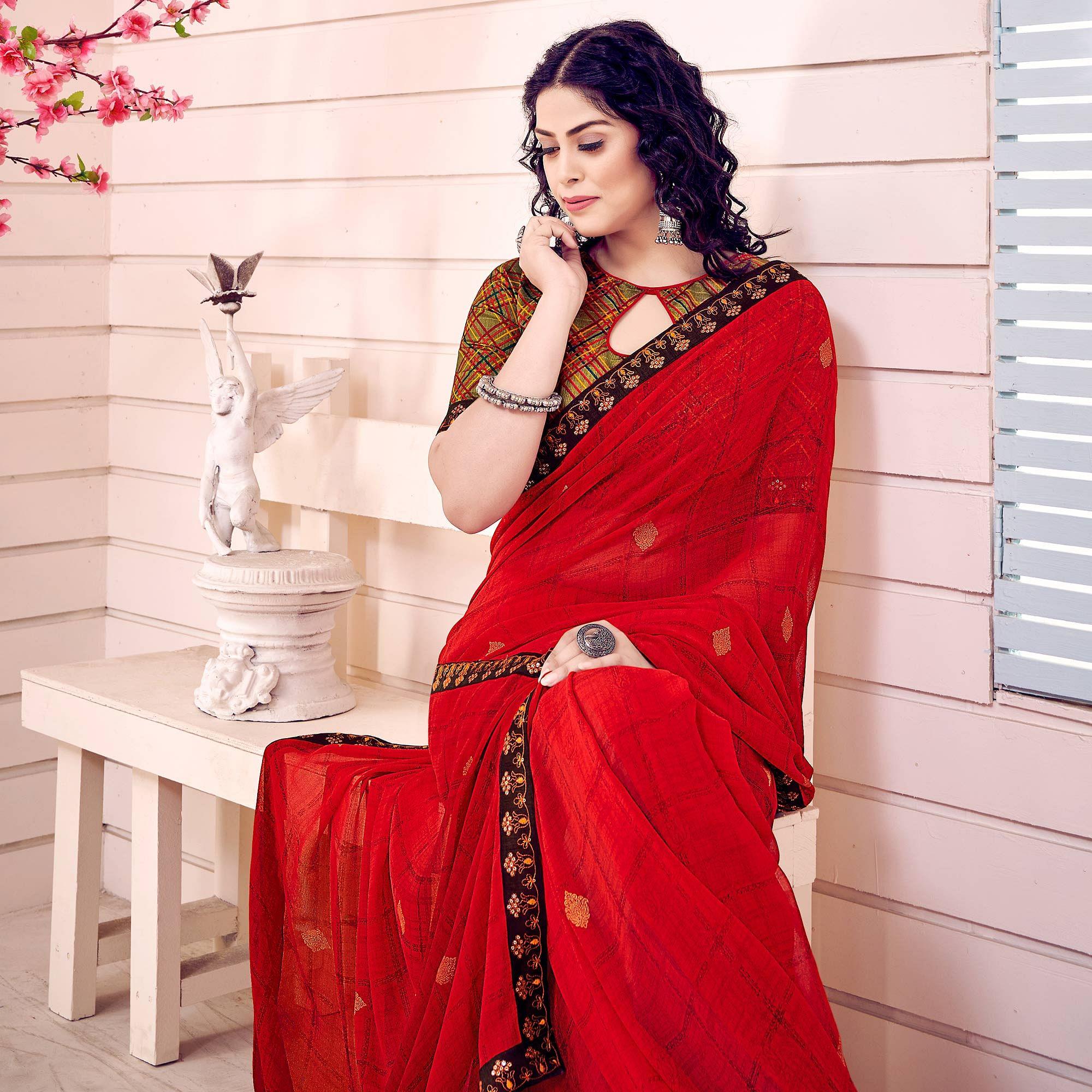 Red Printed Georgette Saree - Peachmode