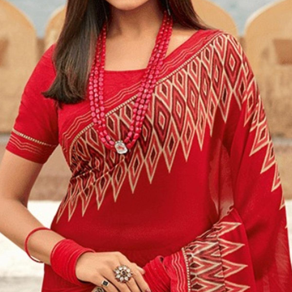 Red Printed Georgette Saree - Peachmode