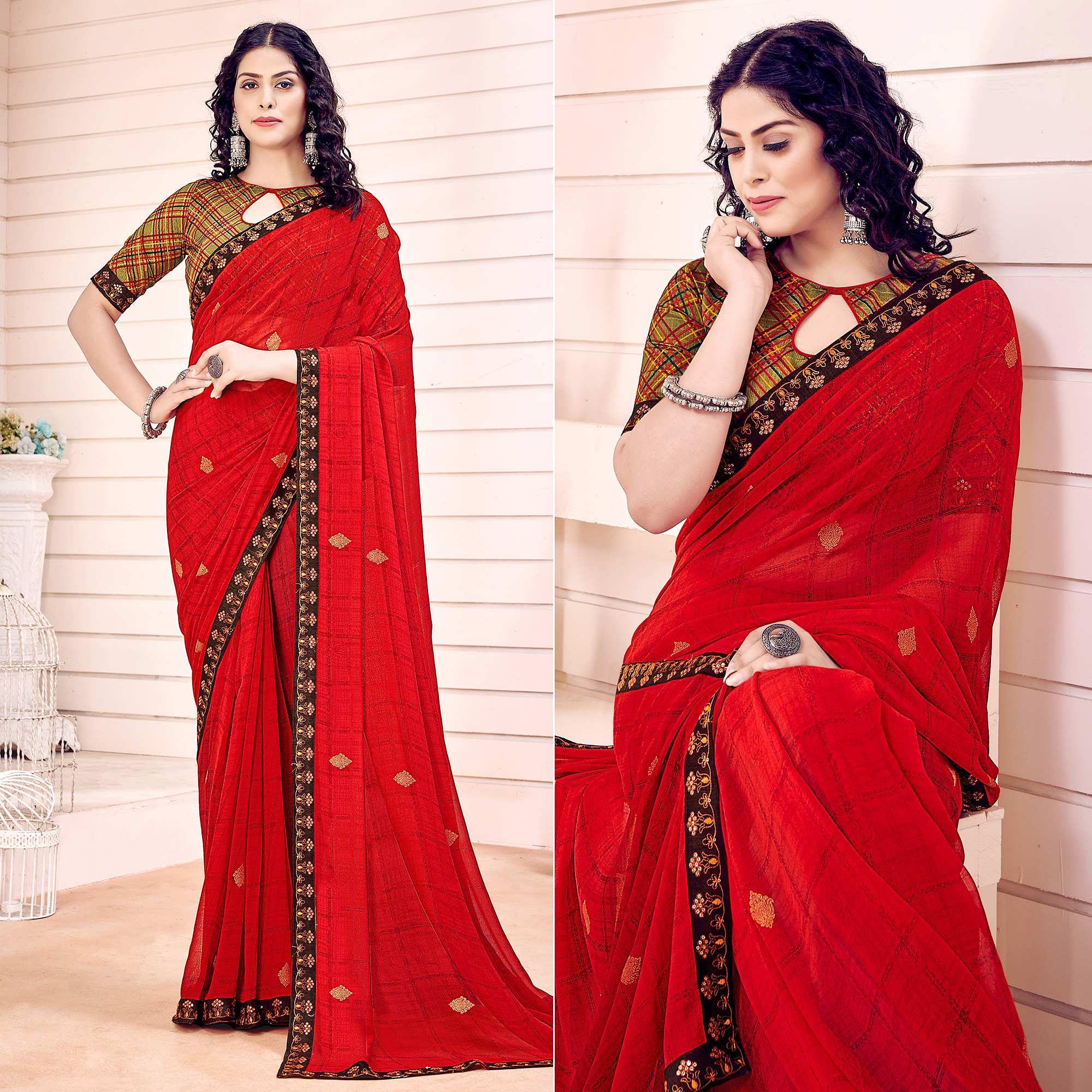 Red Printed Georgette Saree - Peachmode