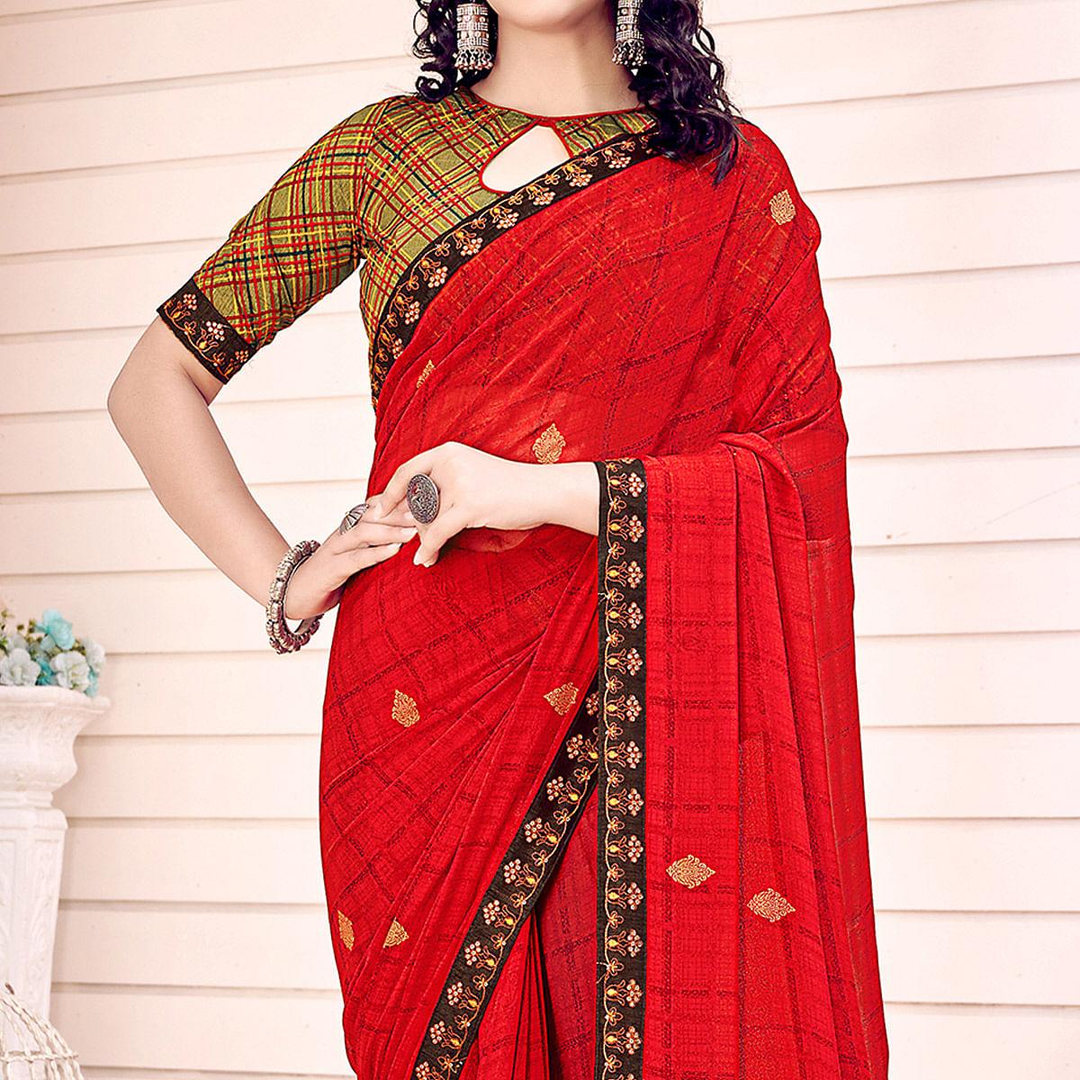 Red Printed Georgette Saree - Peachmode