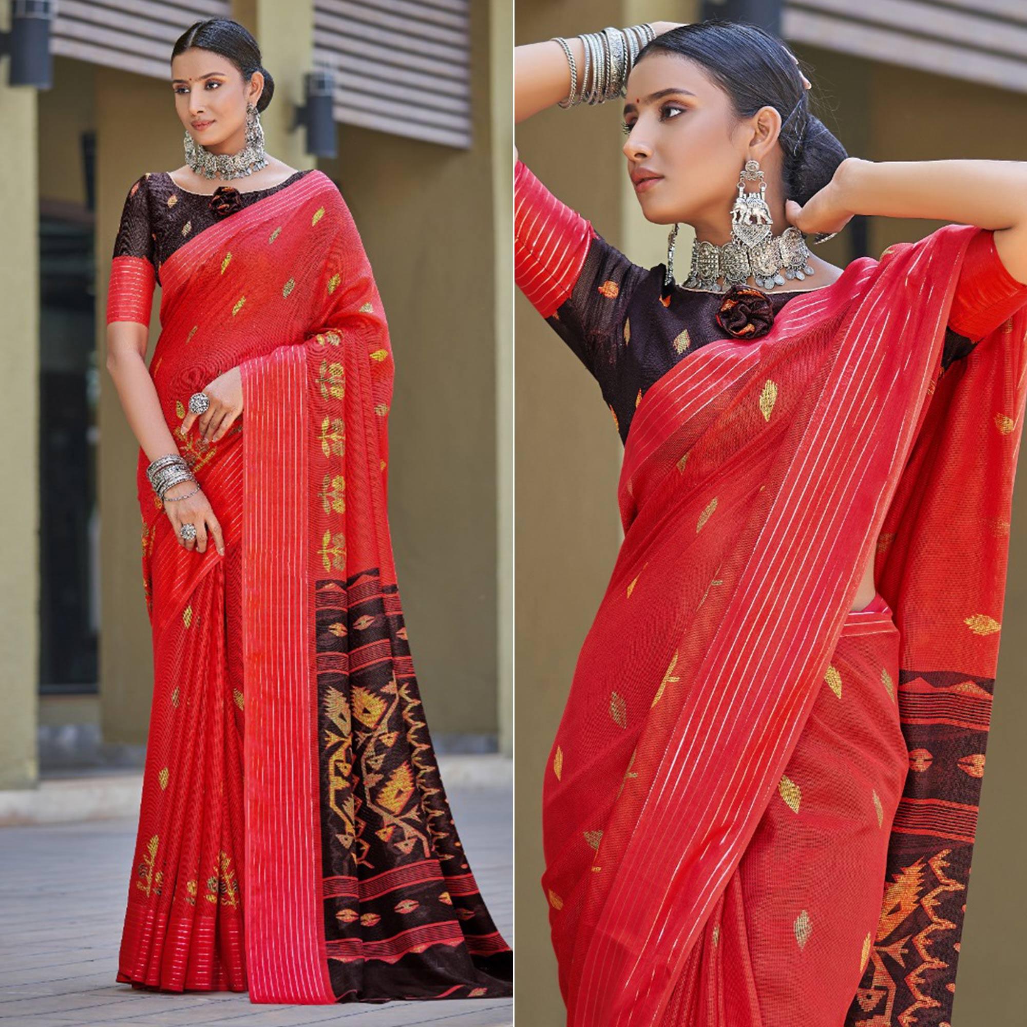 Red Printed Jute Saree - Peachmode