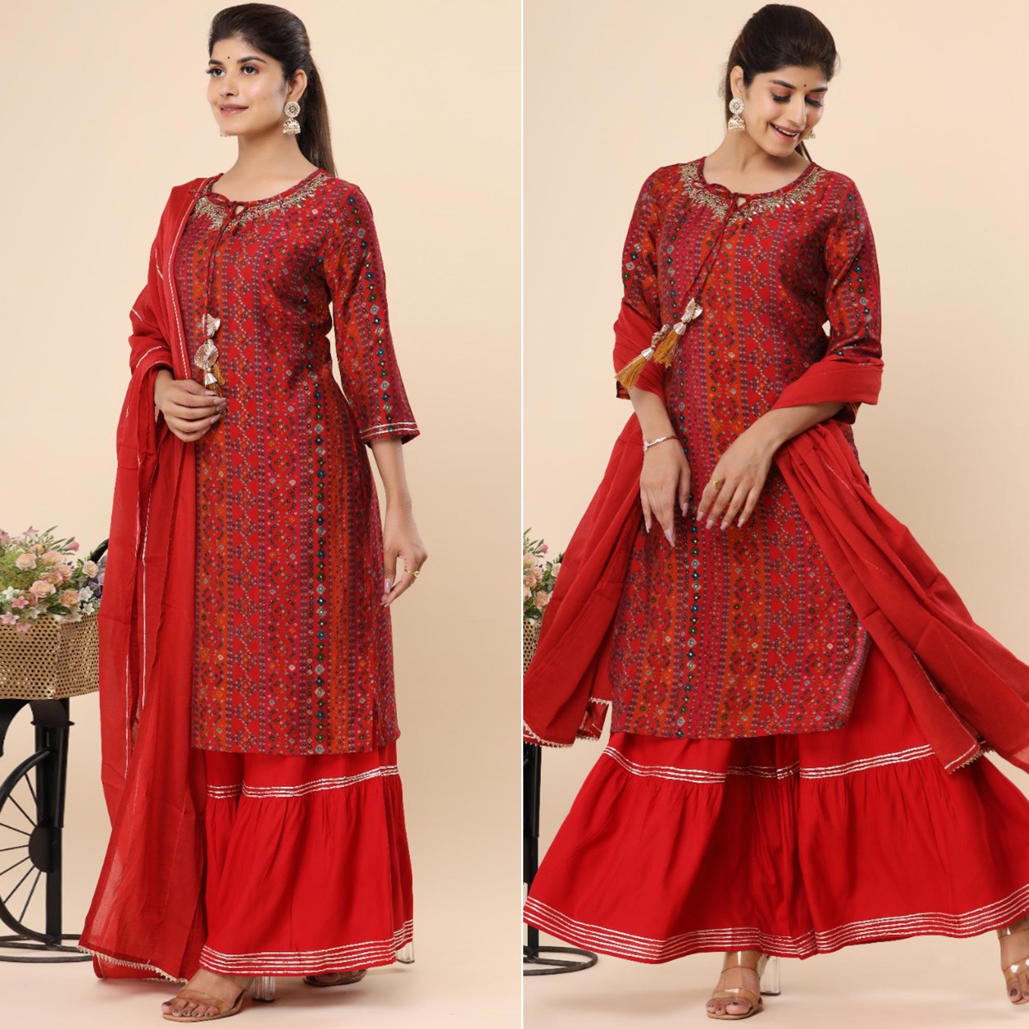 Red Printed Muslin Sharara Suit - Peachmode
