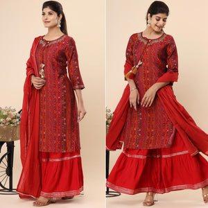 Red Printed Muslin Sharara Suit - Peachmode
