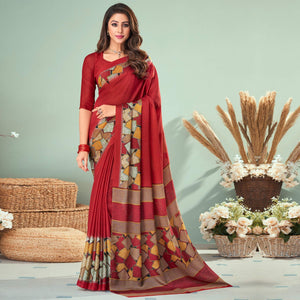 Red Printed Raw Silk Saree - Peachmode