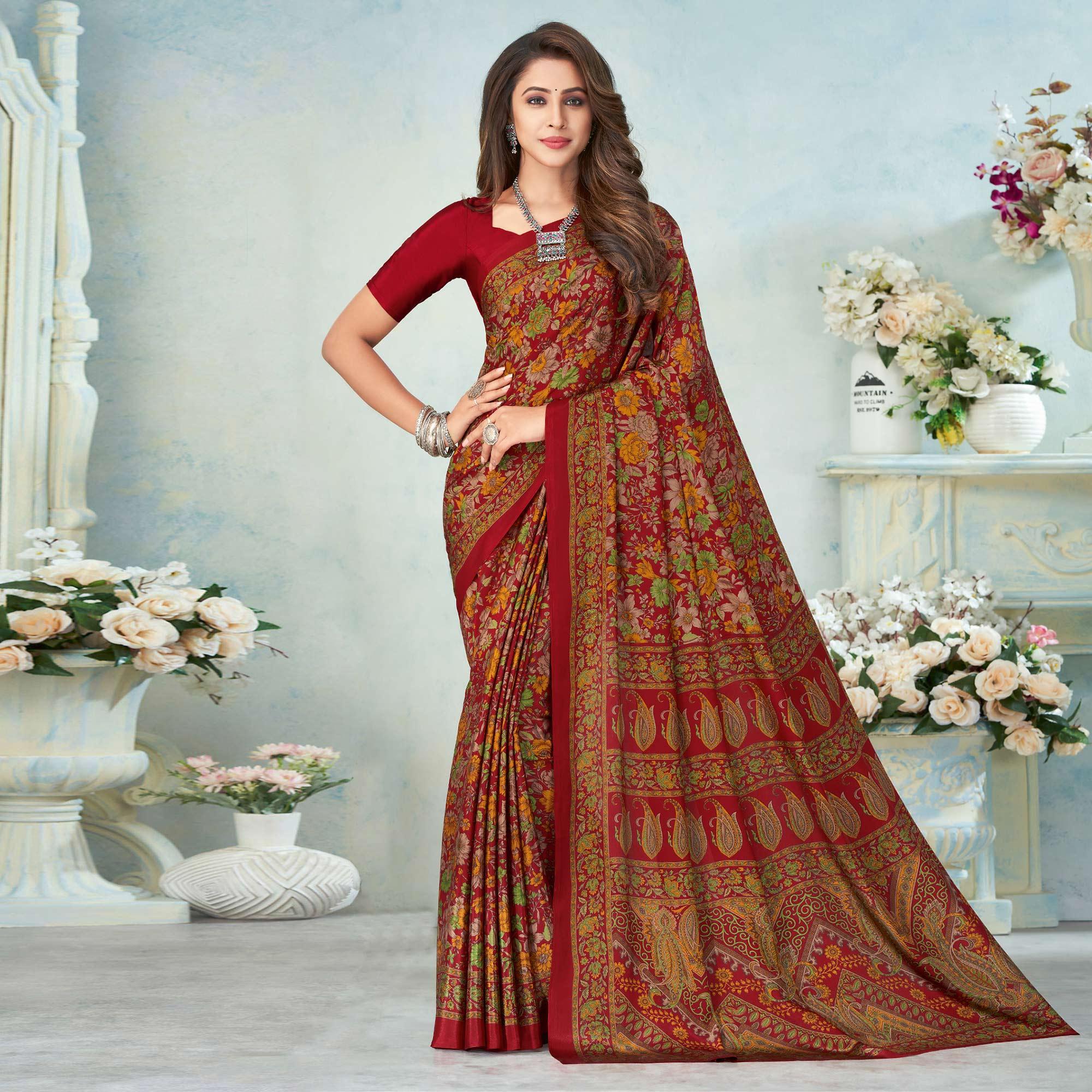 Red Printed Raw Silk Saree - Peachmode
