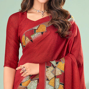 Red Printed Raw Silk Saree - Peachmode