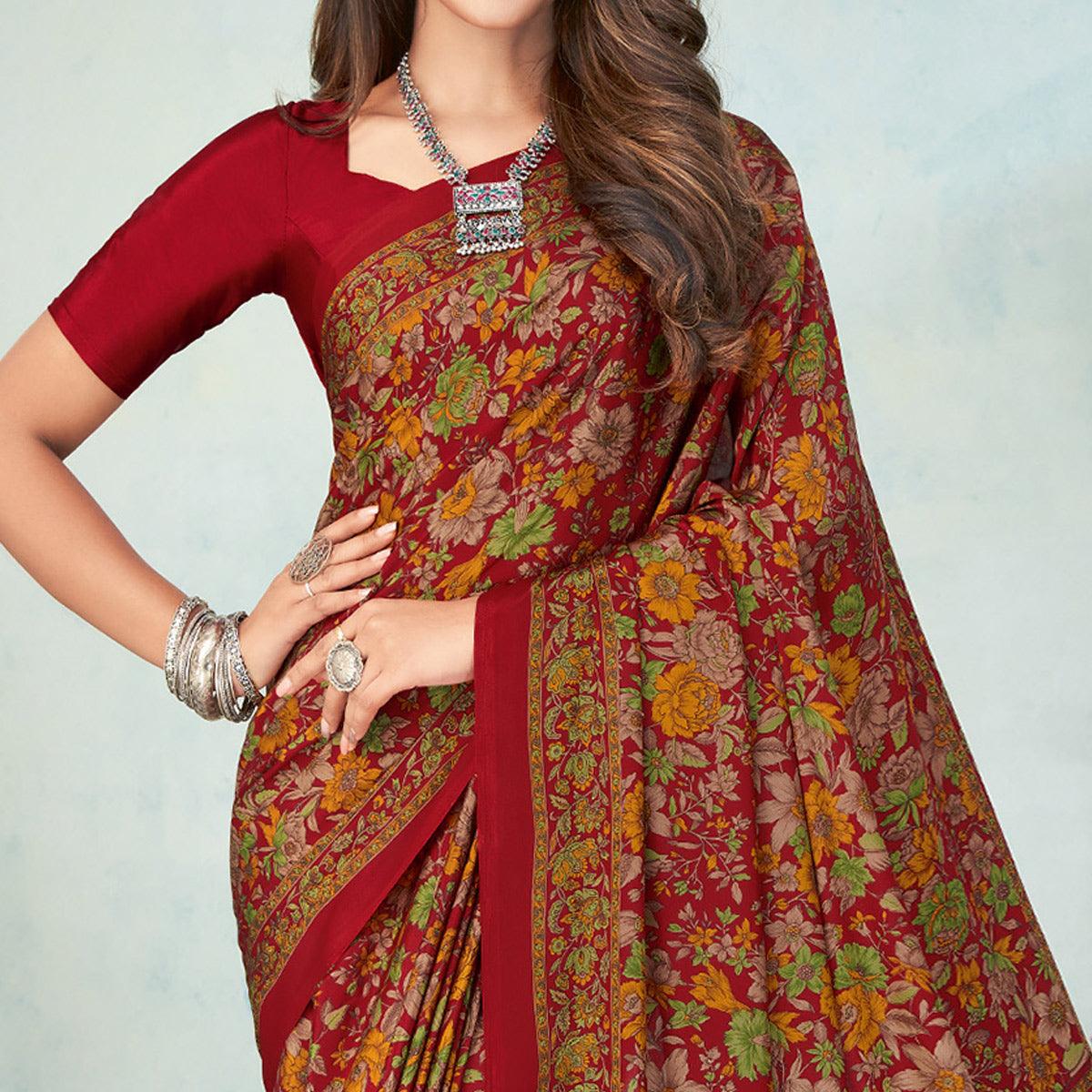 Red Printed Raw Silk Saree - Peachmode