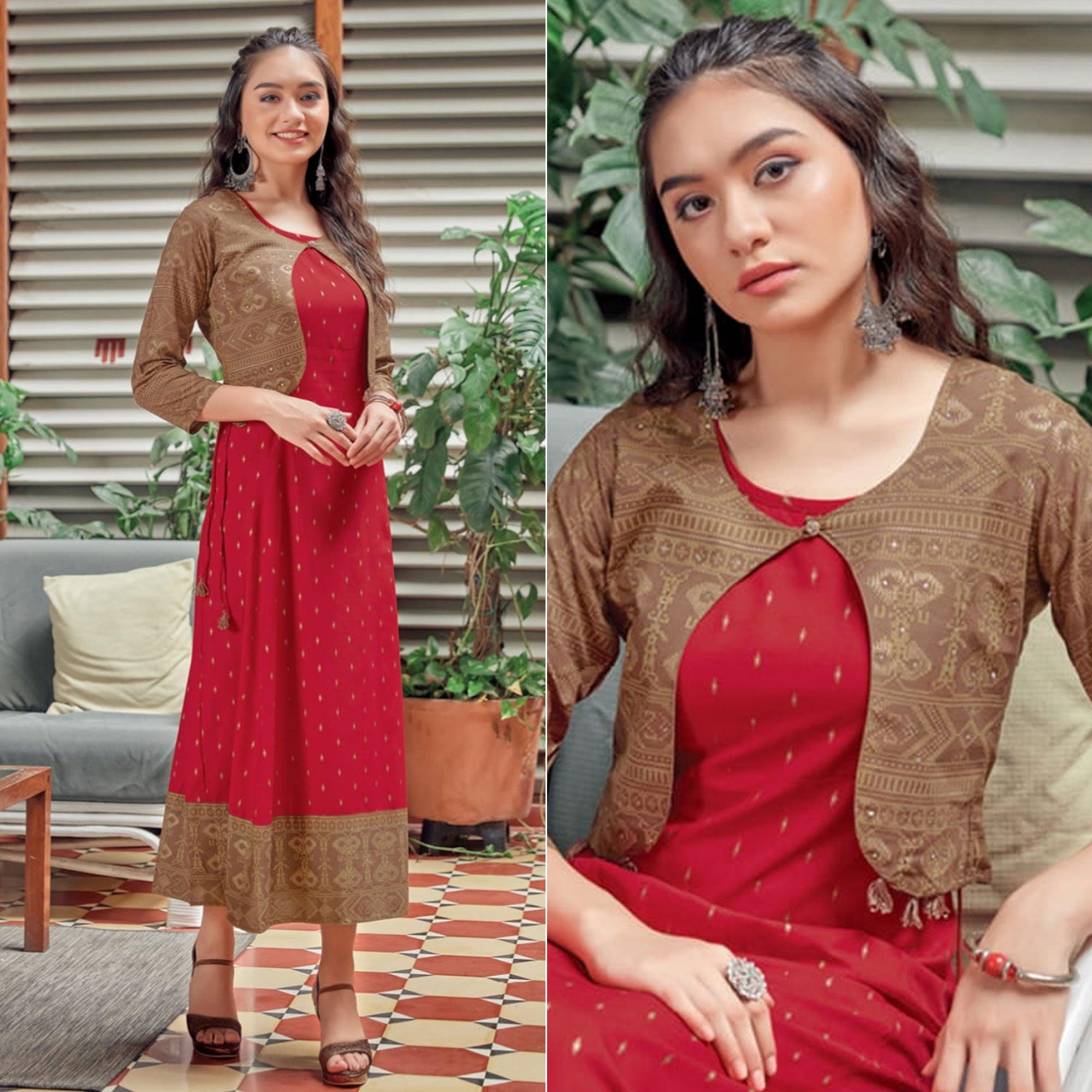 Red Printed Rayon Anarkali Kurti - Peachmode