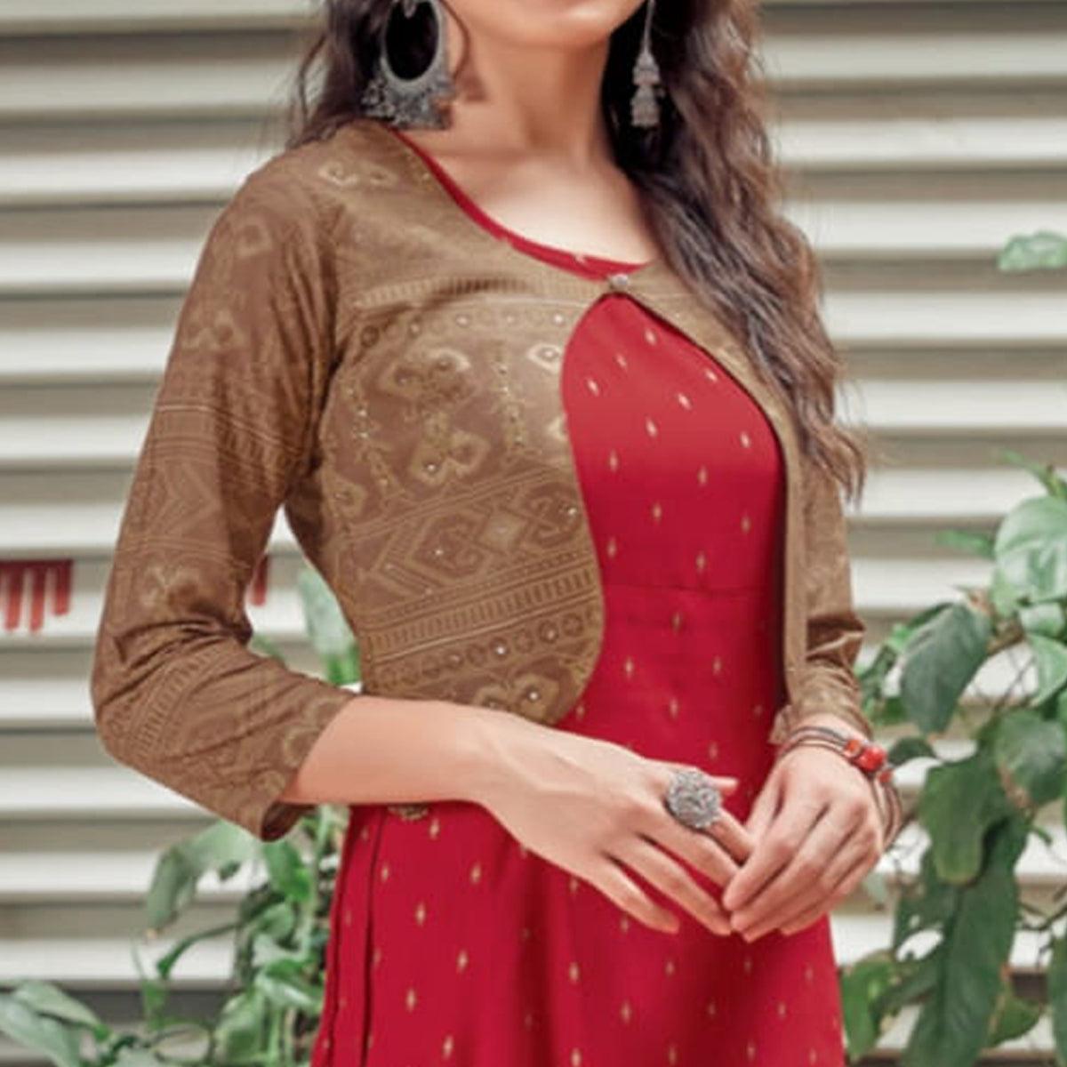 Red Printed Rayon Anarkali Kurti - Peachmode