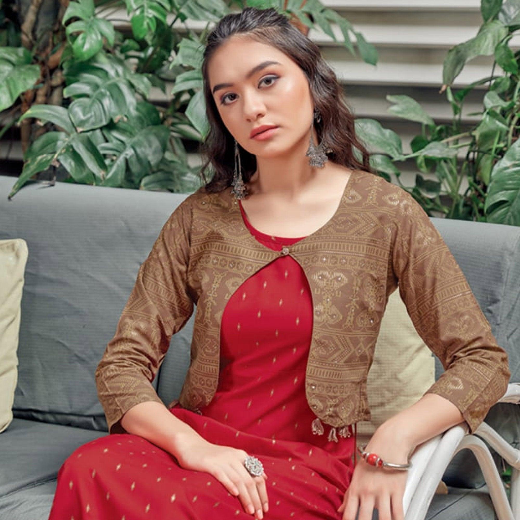 Red Printed Rayon Anarkali Kurti - Peachmode