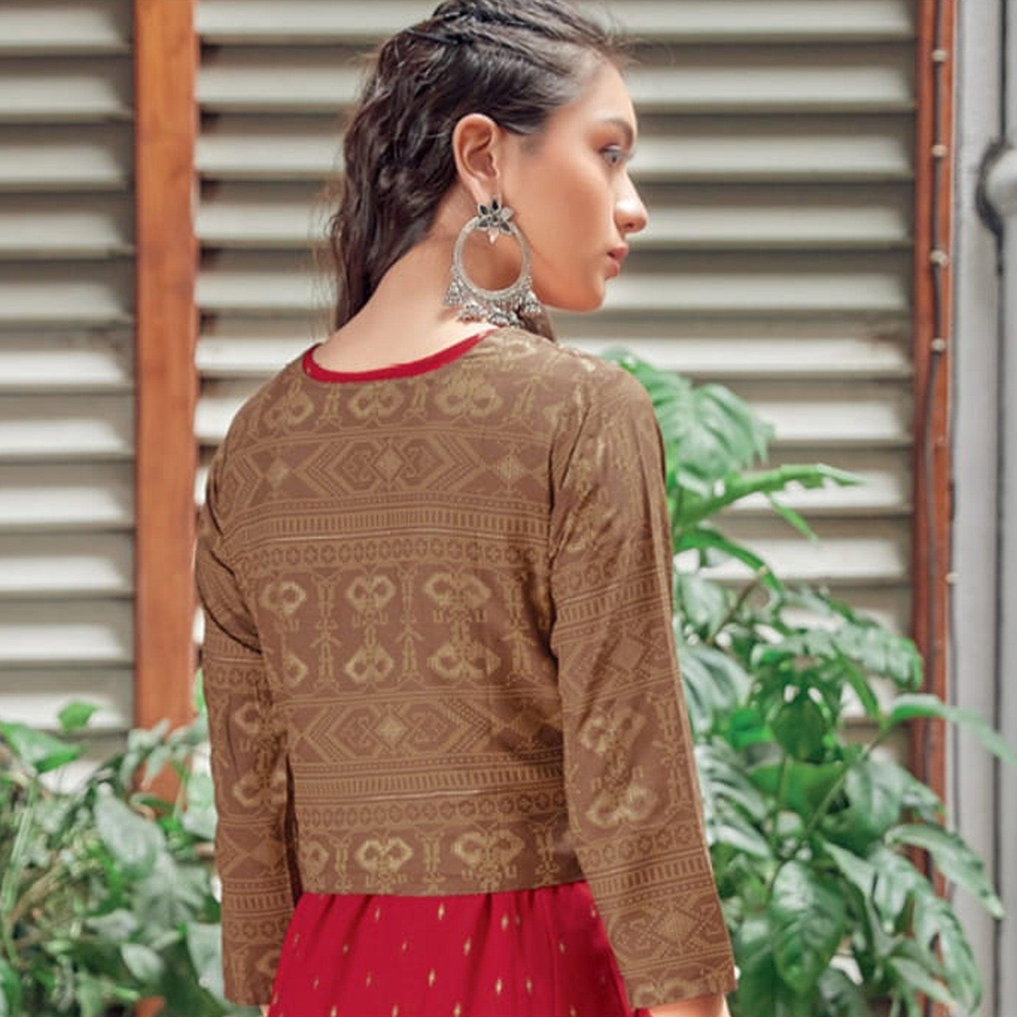 Red Printed Rayon Anarkali Kurti - Peachmode