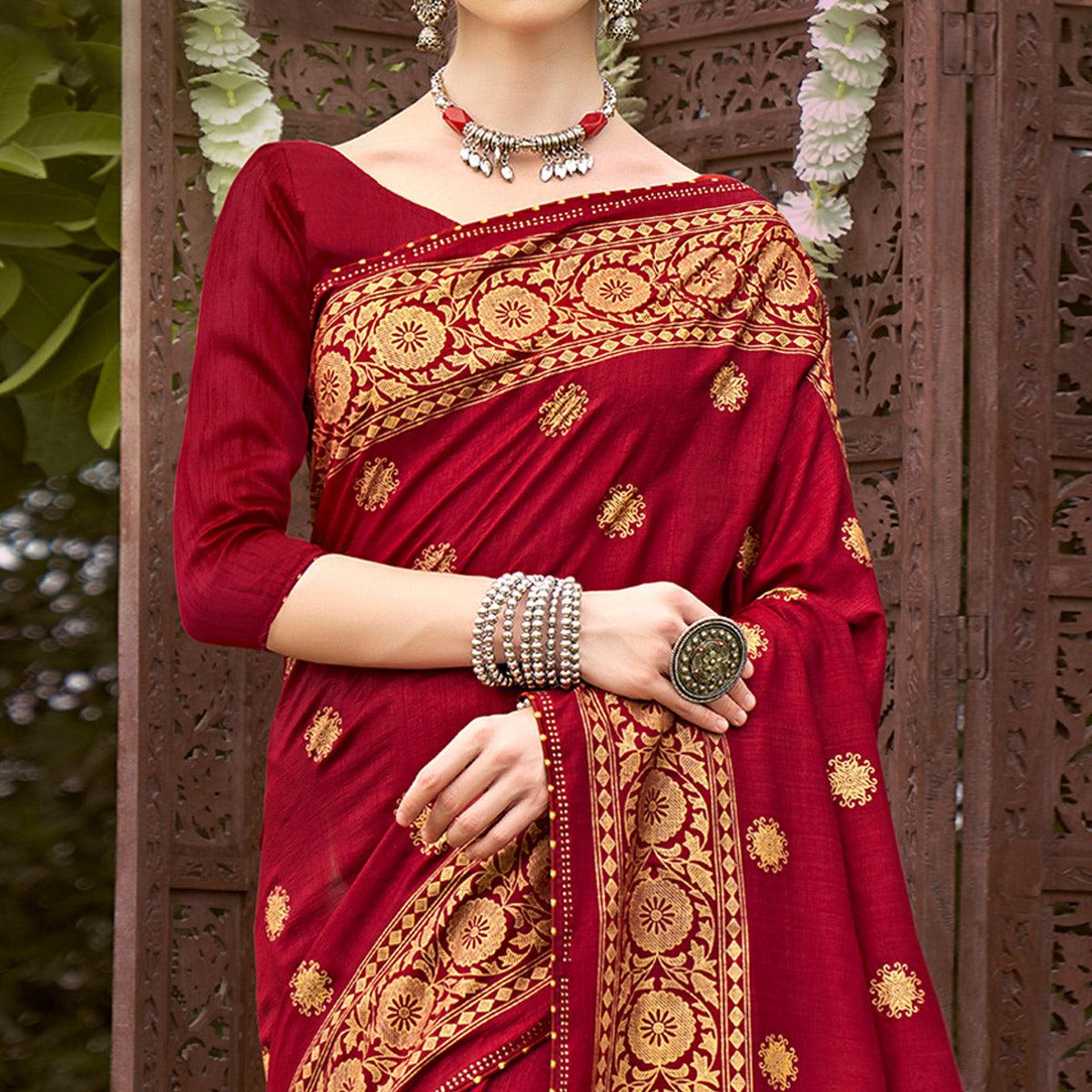 Red Printed Vichitra Silk Saree With Tassels - Peachmode