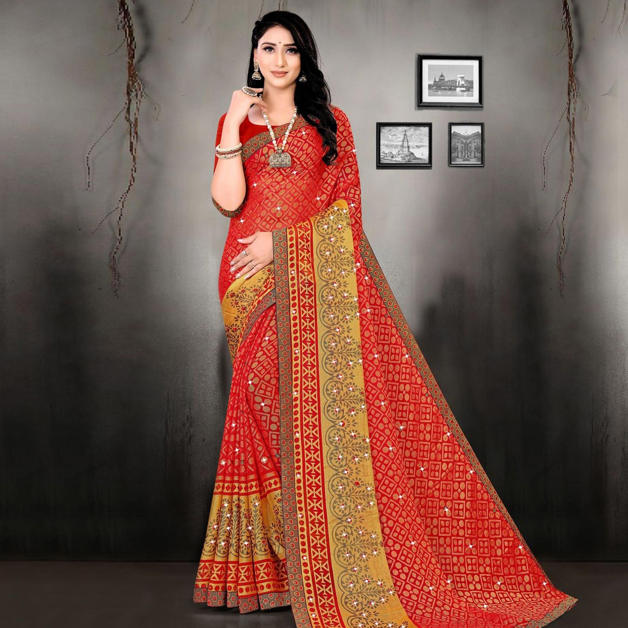 Red Printed With Embellished Brasso Saree - Peachmode
