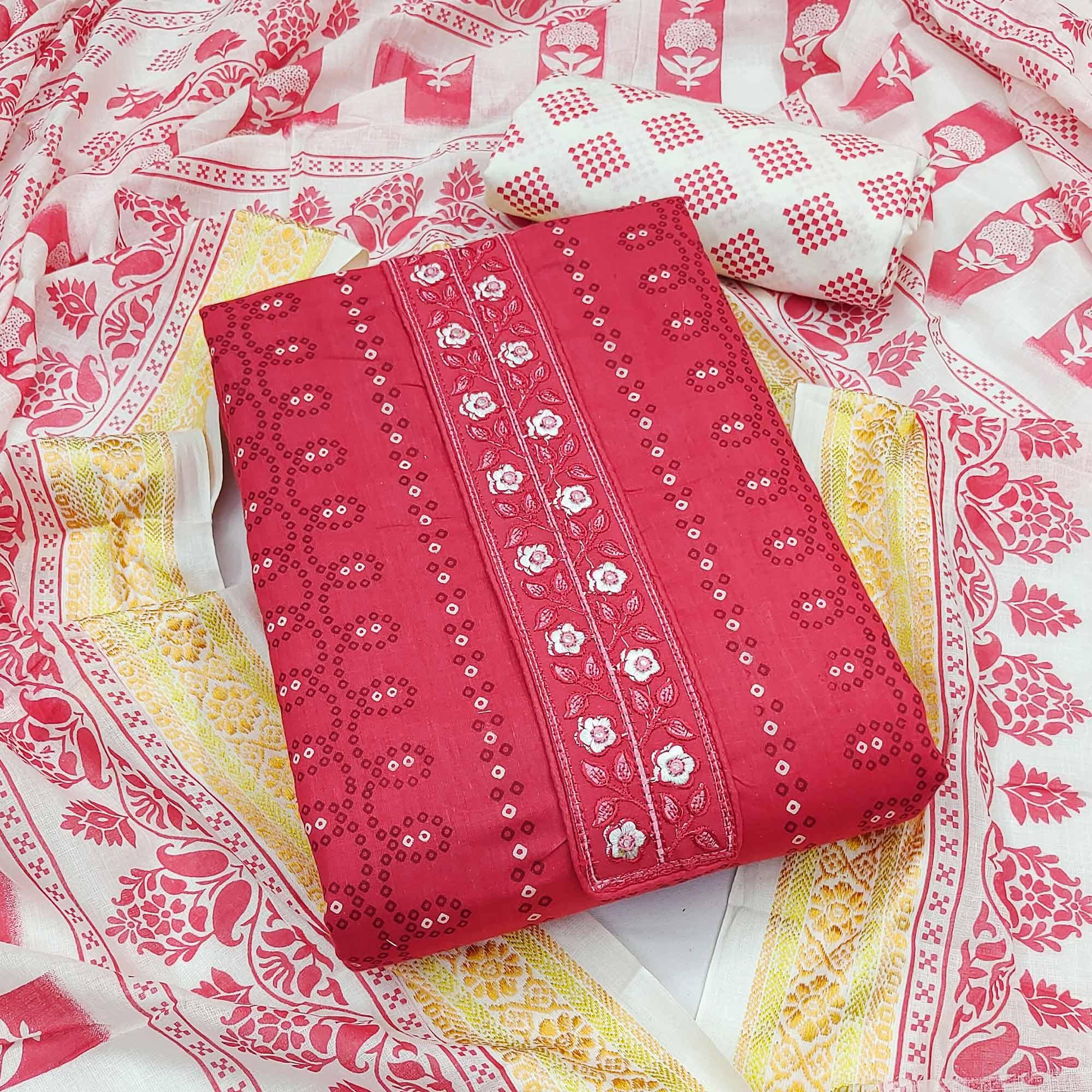 Red Printed With Embroidered Cotton Blend Dress Material - Peachmode