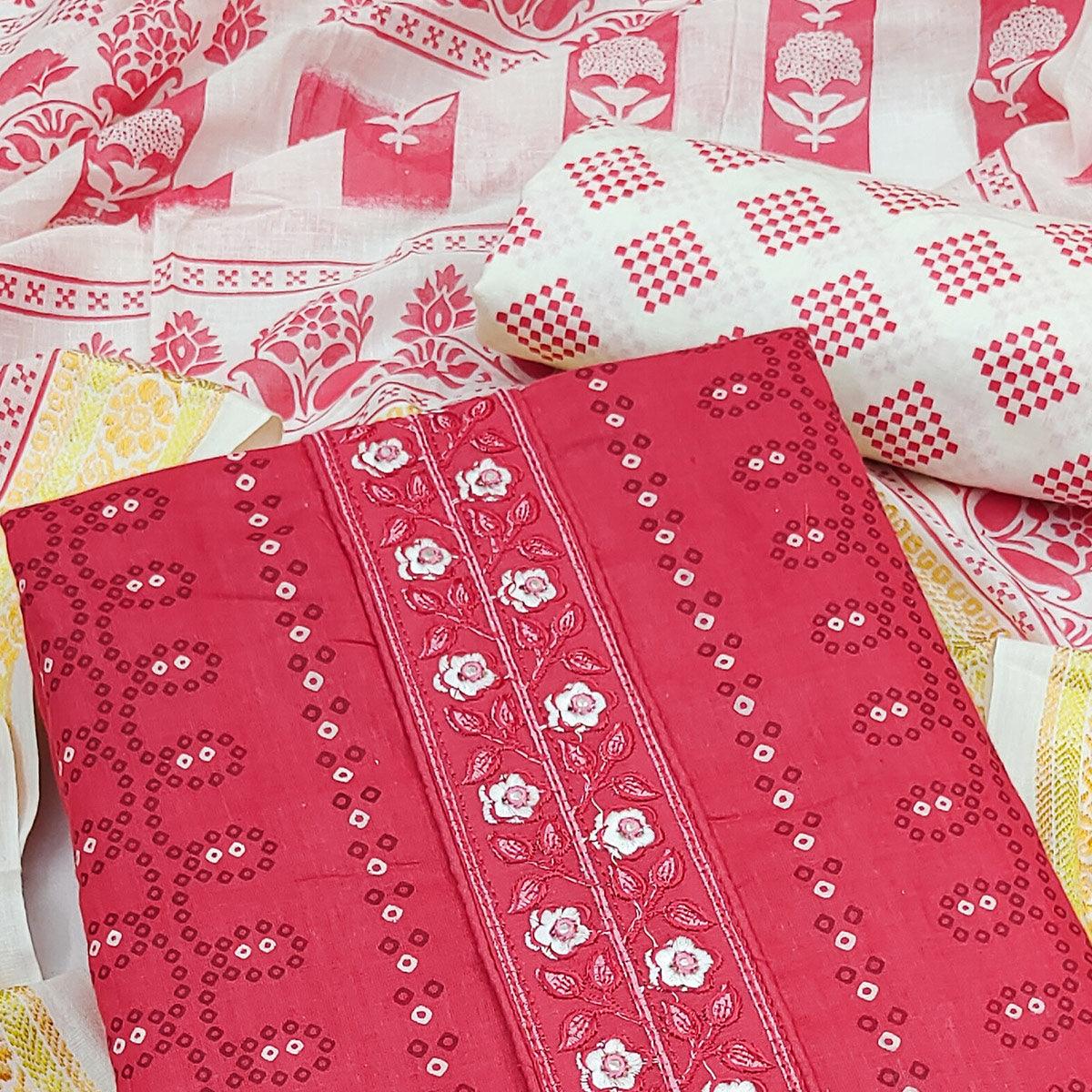 Red Printed With Embroidered Cotton Blend Dress Material - Peachmode