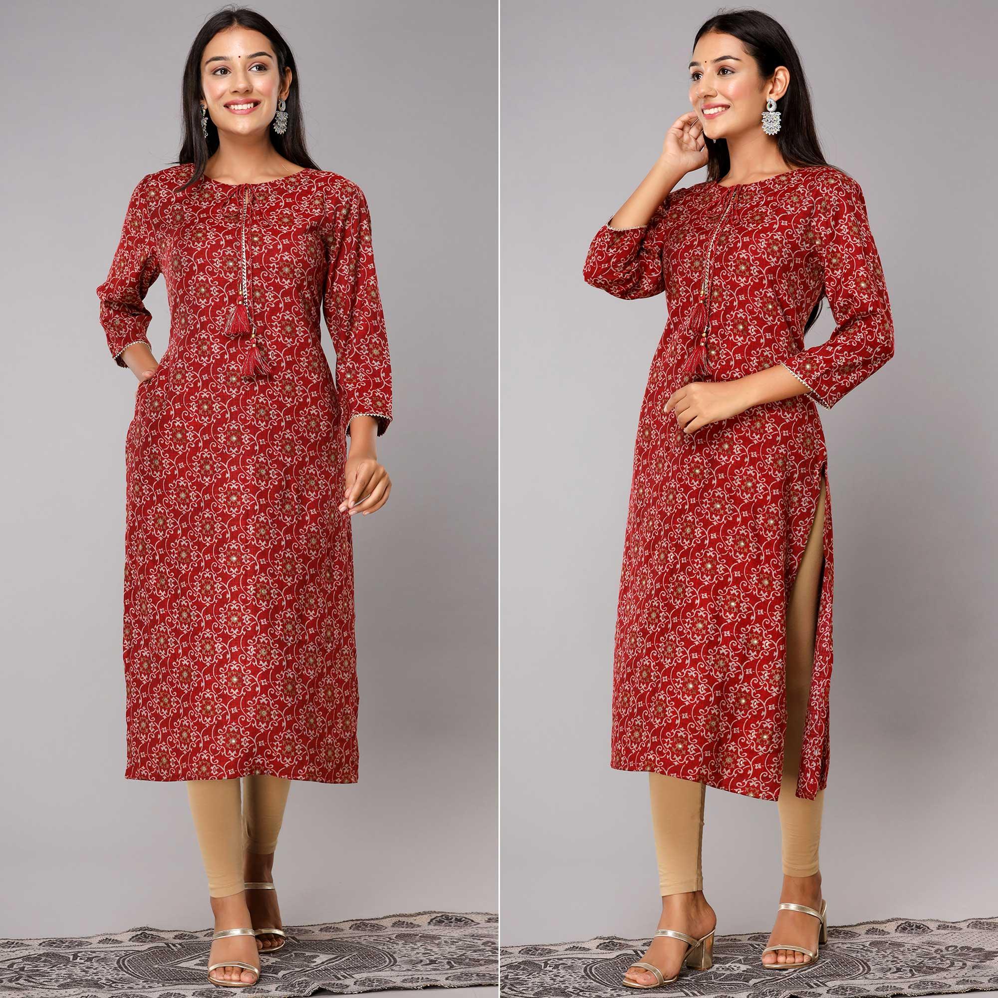 Red Printed With Gota Patti Work Poly Cotton Kurti - Peachmode