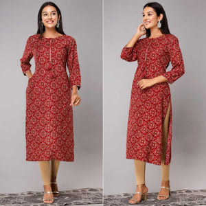 Red Printed With Gota Patti Work Poly Cotton Kurti - Peachmode
