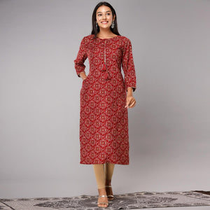 Red Printed With Gota Patti Work Poly Cotton Kurti - Peachmode
