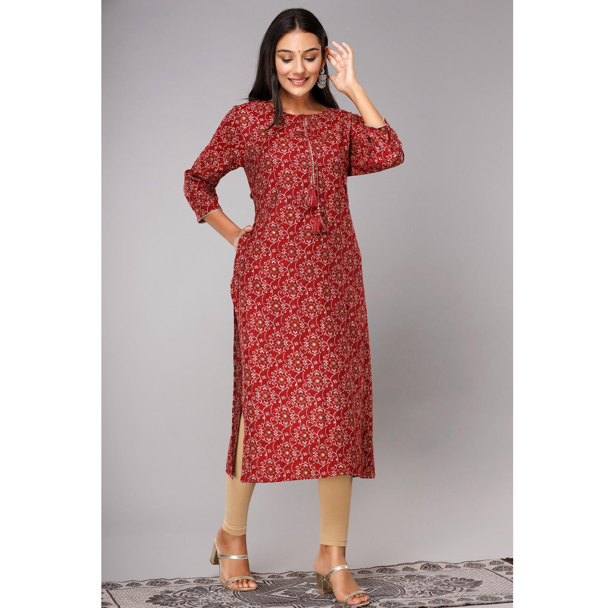 Red Printed With Gota Patti Work Poly Cotton Kurti - Peachmode