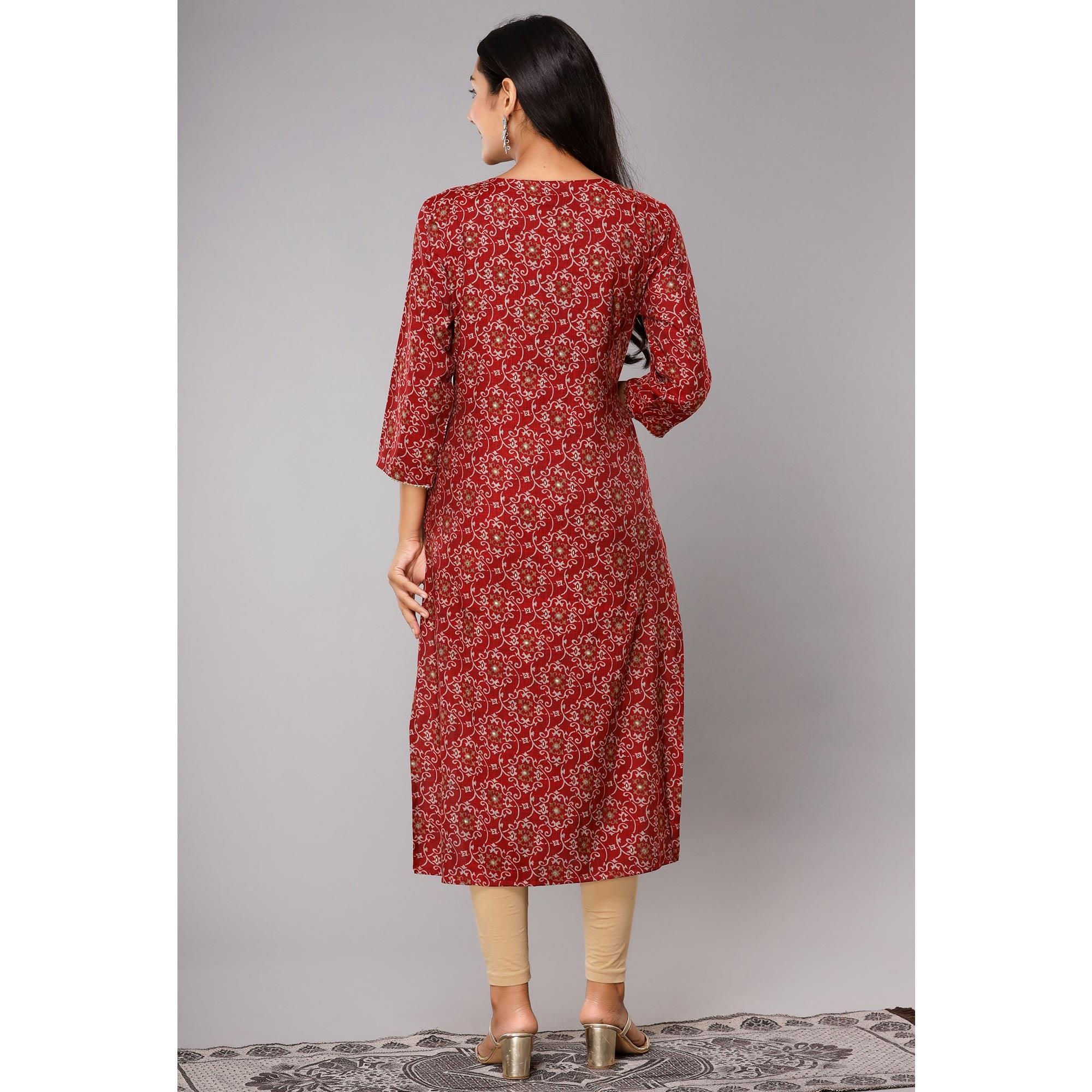 Red Printed With Gota Patti Work Poly Cotton Kurti - Peachmode