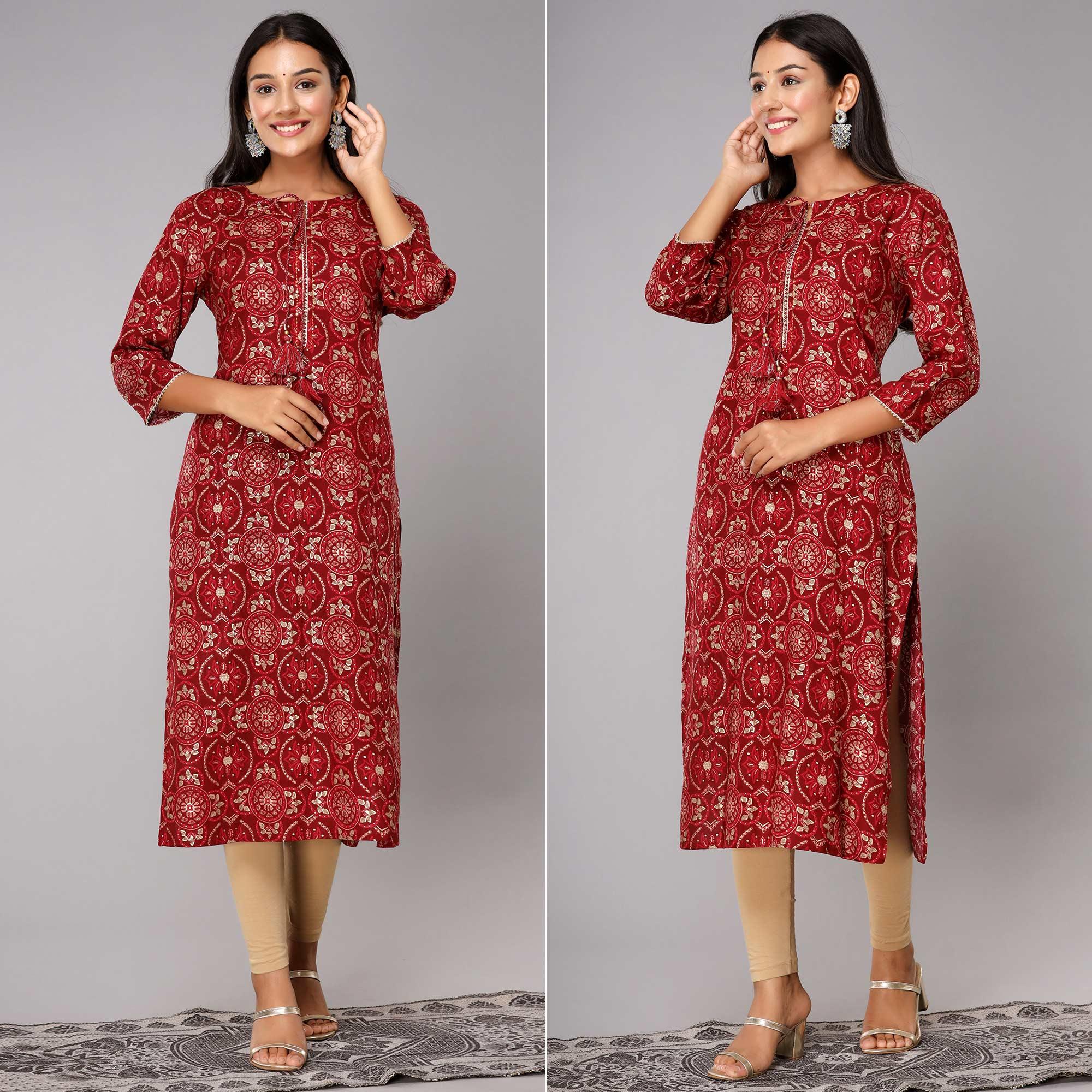 Red Printed With Gota Patti Work Pure Cotton Kurti - Peachmode