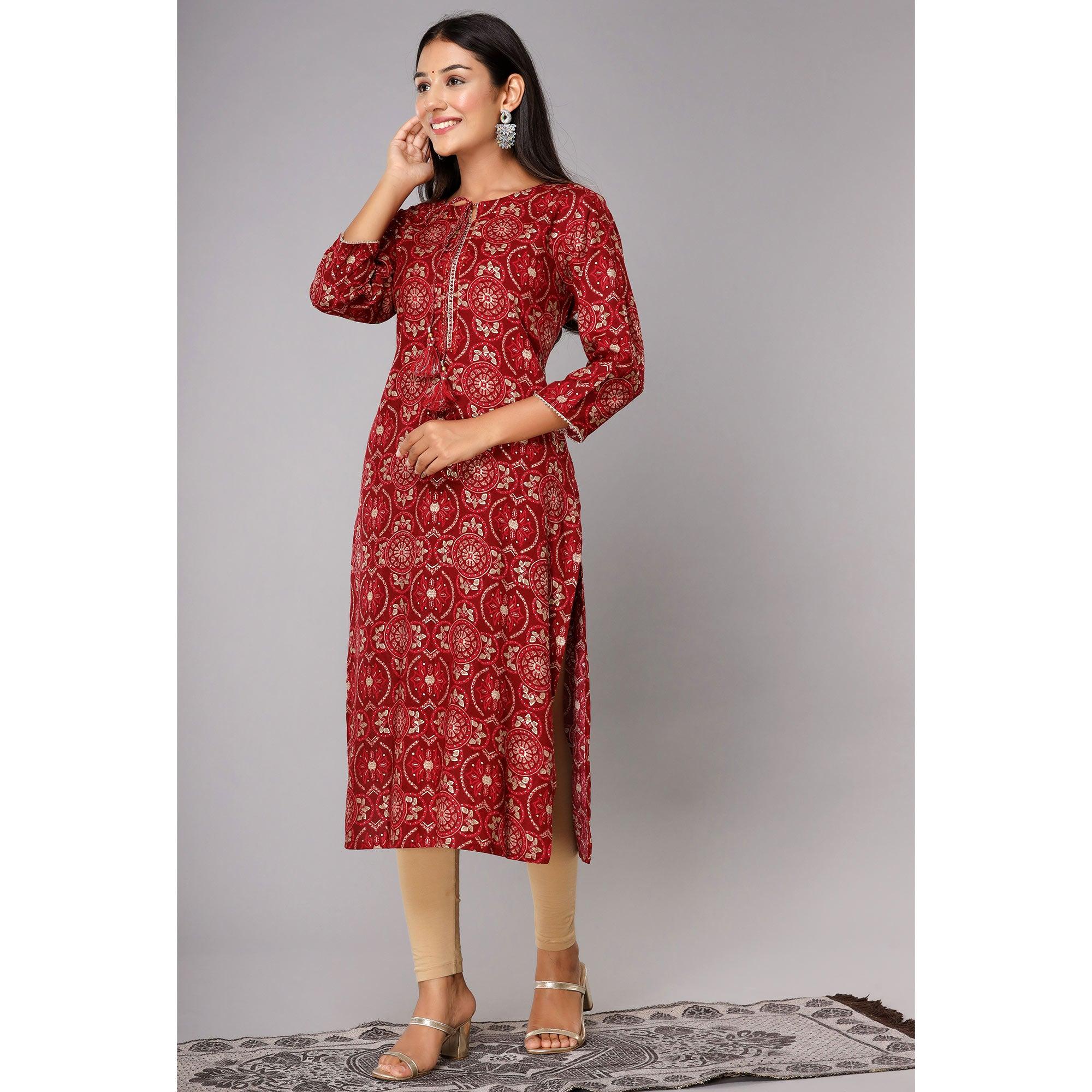 Red Printed With Gota Patti Work Pure Cotton Kurti - Peachmode