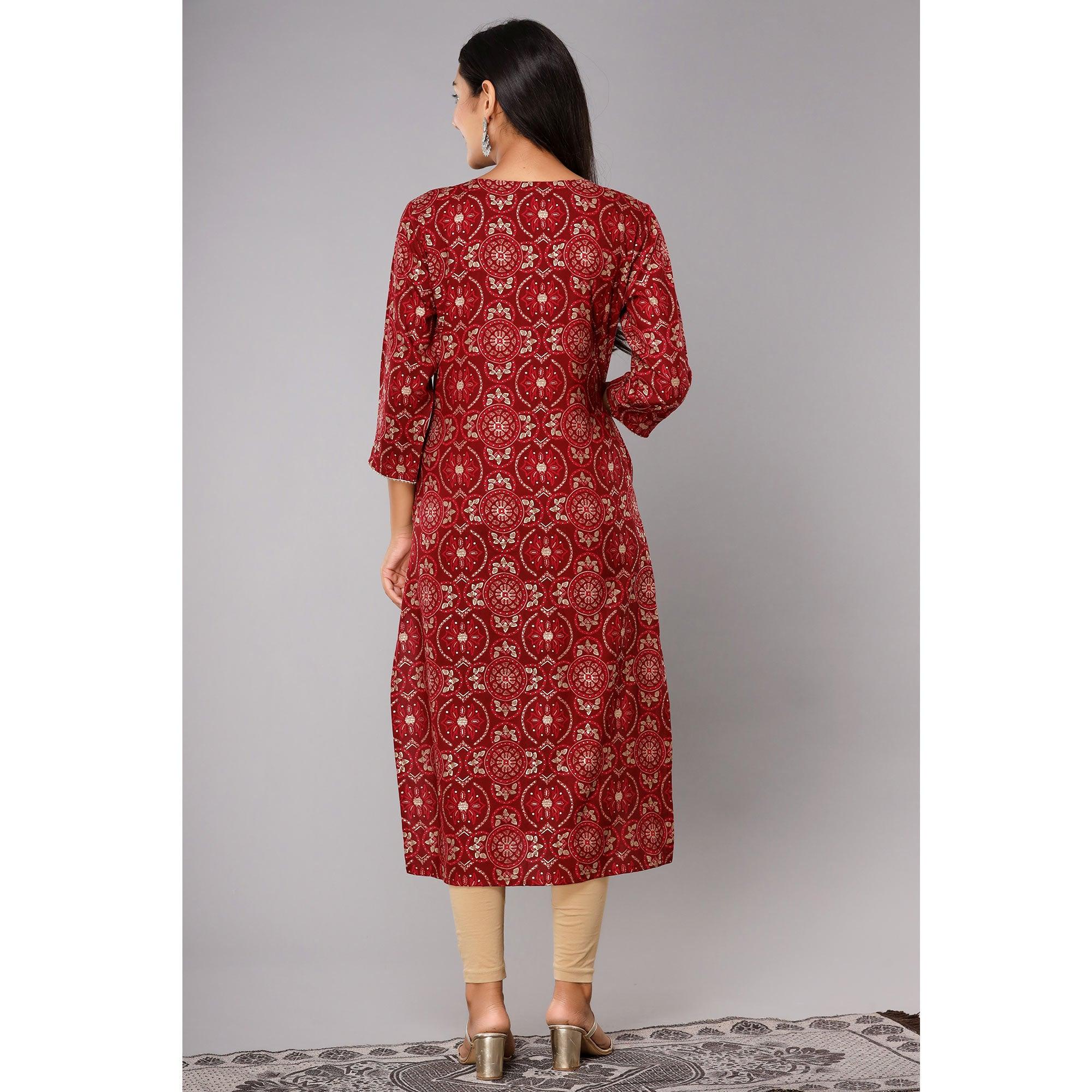 Red Printed With Gota Patti Work Pure Cotton Kurti - Peachmode