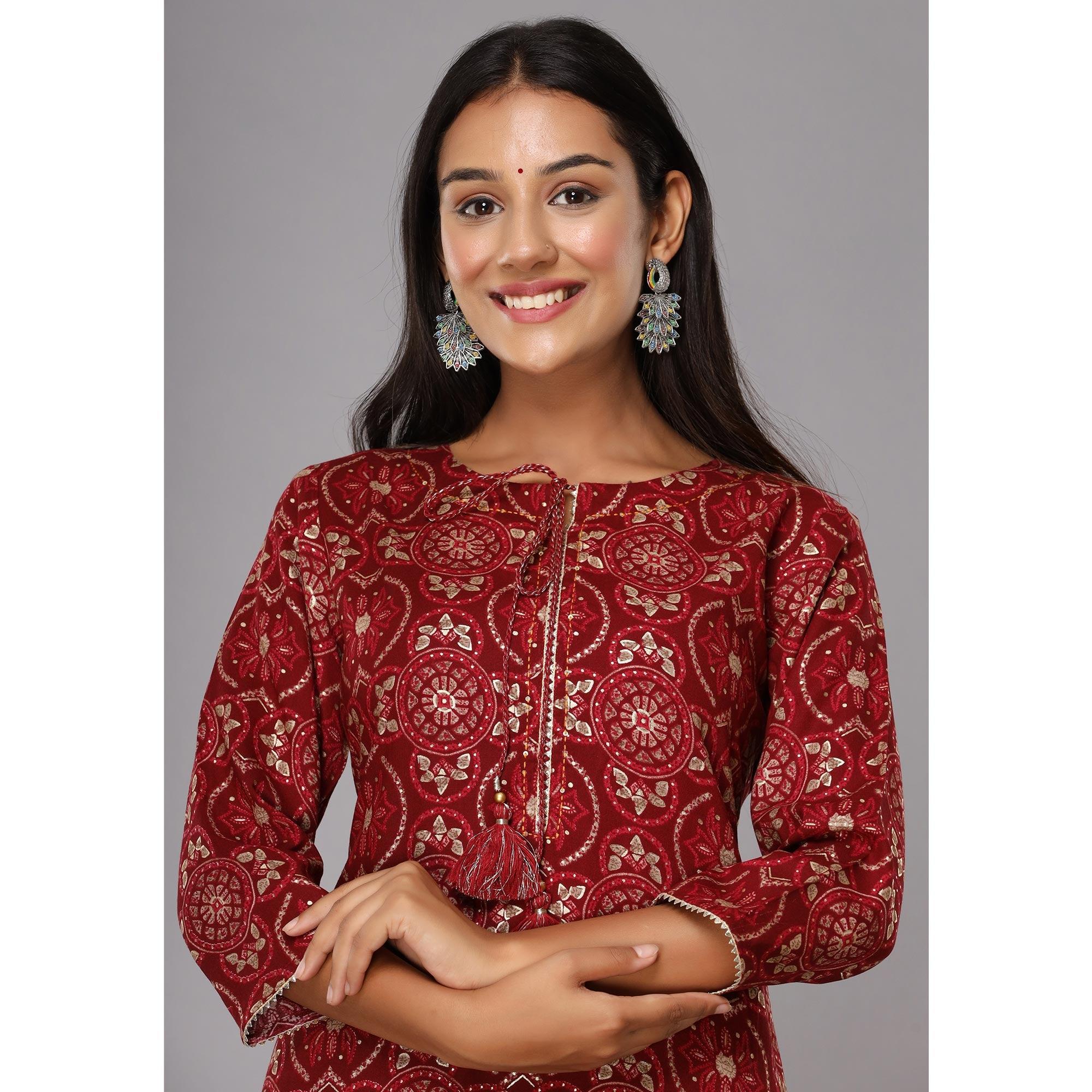 Red Printed With Gota Patti Work Pure Cotton Kurti - Peachmode