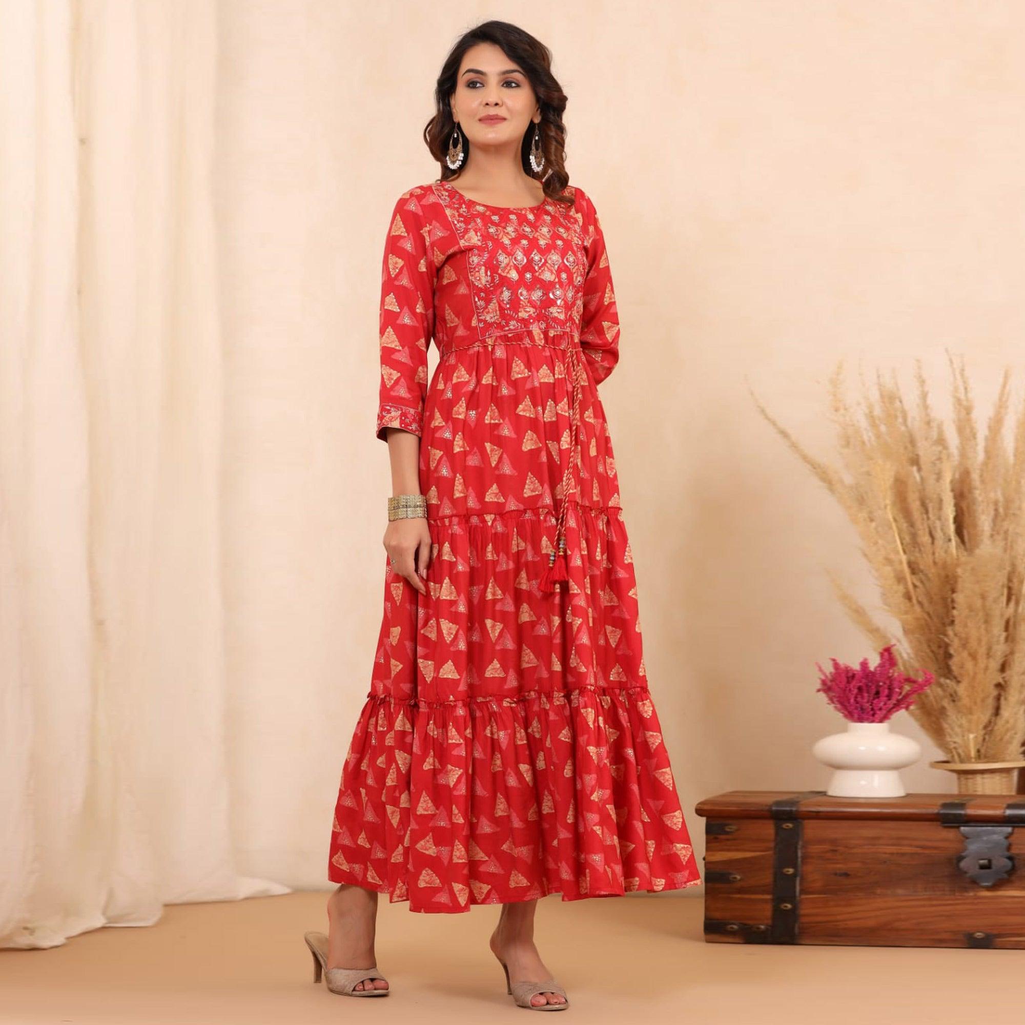 Red Printed With Sequence Embroidered Chanderi Kurti - Peachmode