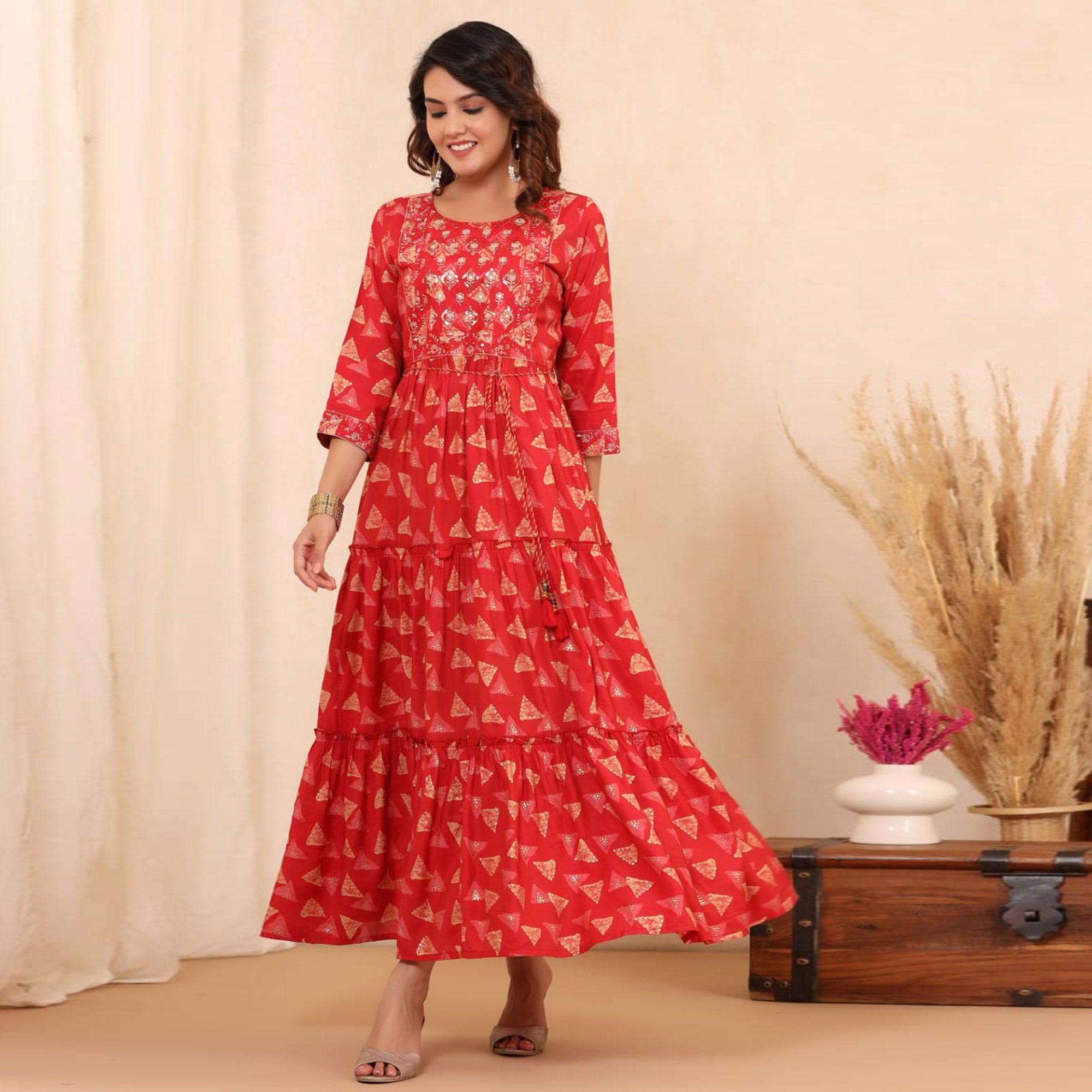Red Printed With Sequence Embroidered Chanderi Kurti - Peachmode