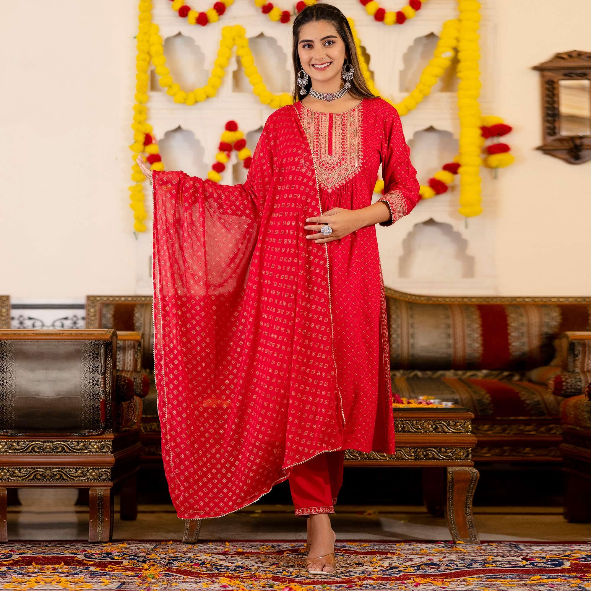 Red Printed With Sequence Embroidered Pure Cotton Salwar Suit - Peachmode