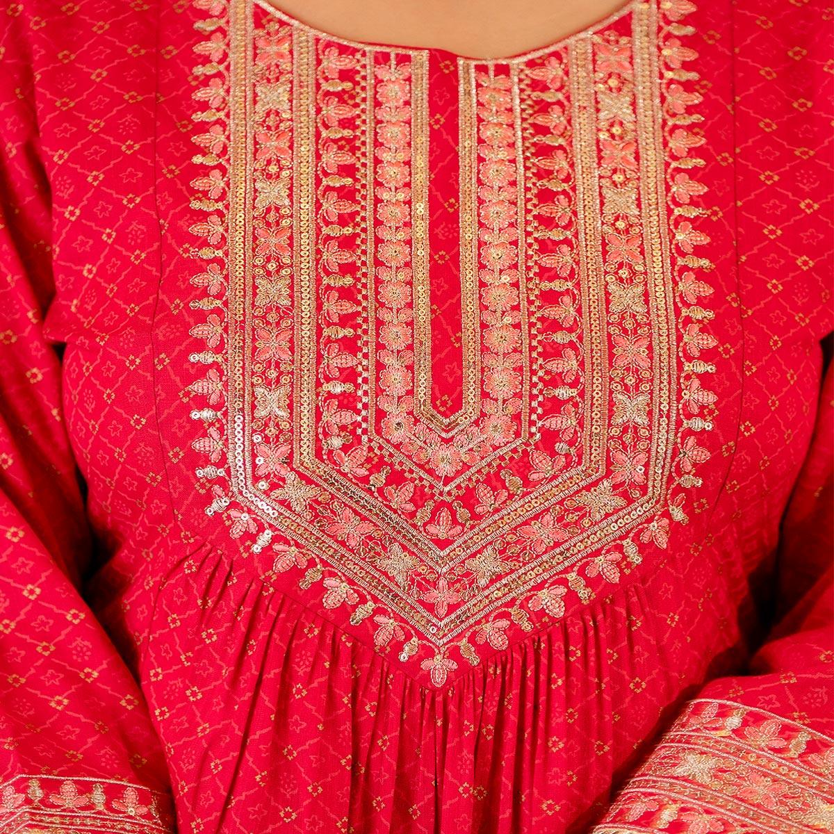 Red Printed With Sequence Embroidered Pure Cotton Salwar Suit - Peachmode