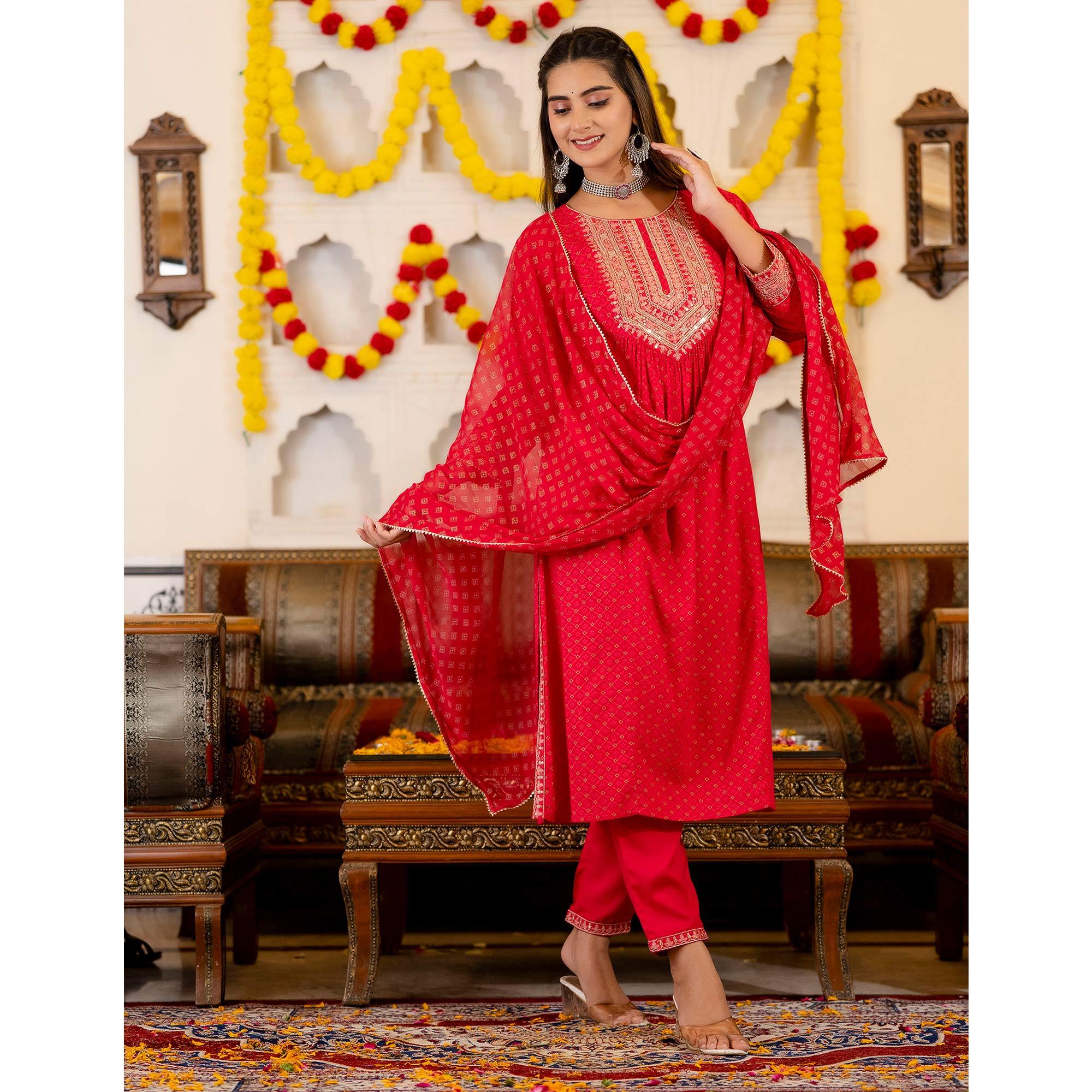 Red Printed With Sequence Embroidered Pure Cotton Salwar Suit - Peachmode